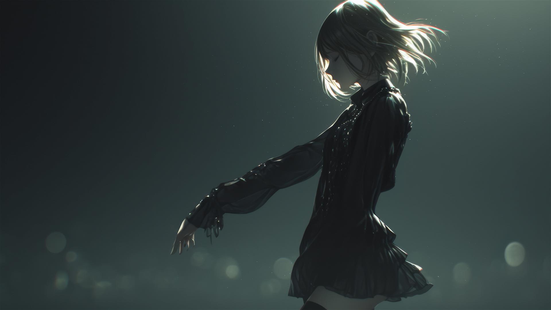 Isolated shot of Misa Amane from Death Note on a dark background, portraying a dynamic pose emphasizing thigh, with a spotlight effect
