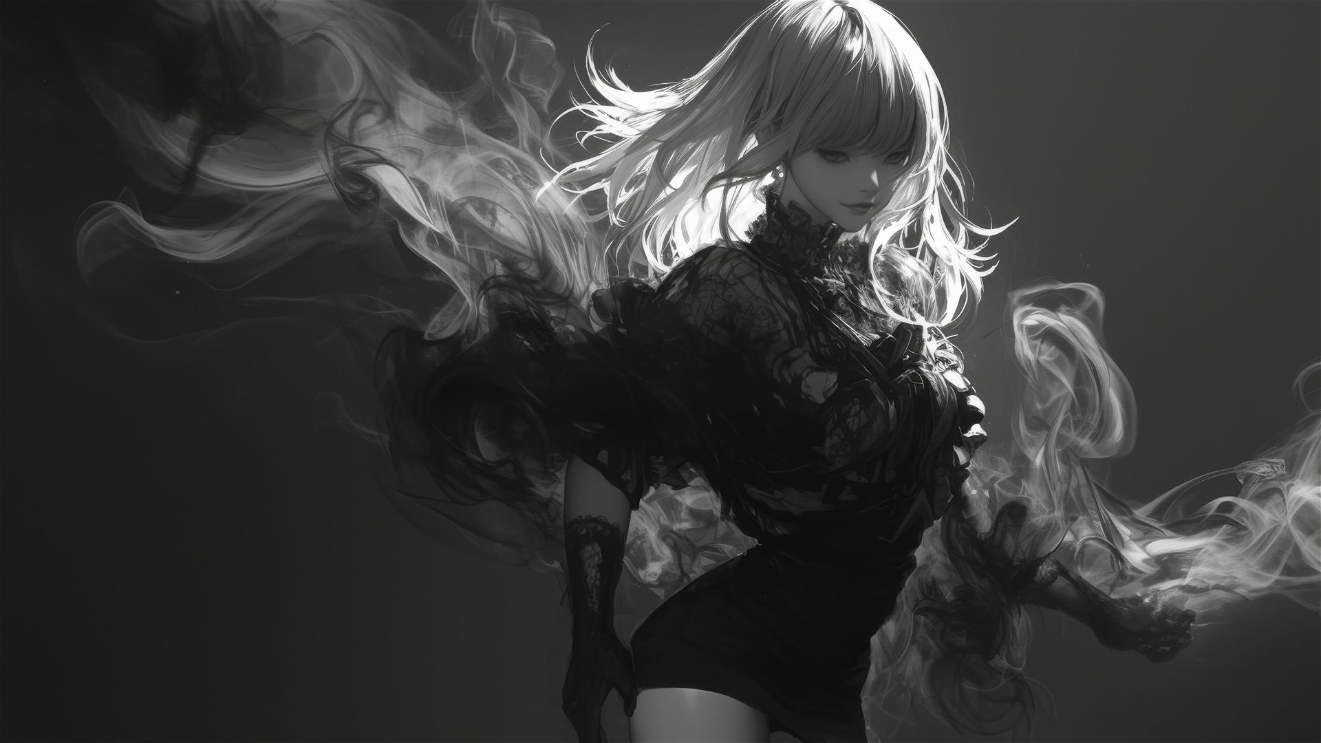 Isolated Misa Amane from Death Note on a dark background in dynamic pose with spotlight effect