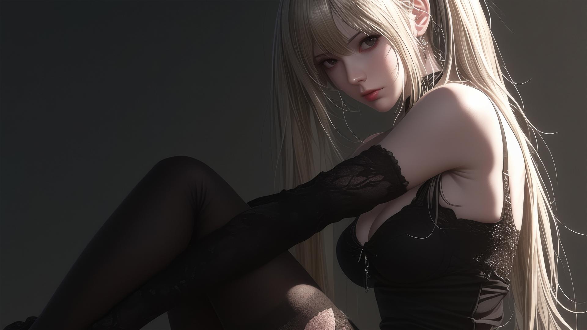 Misa Amane from Death Note striking a dynamic pose with thigh highlight on dark background
