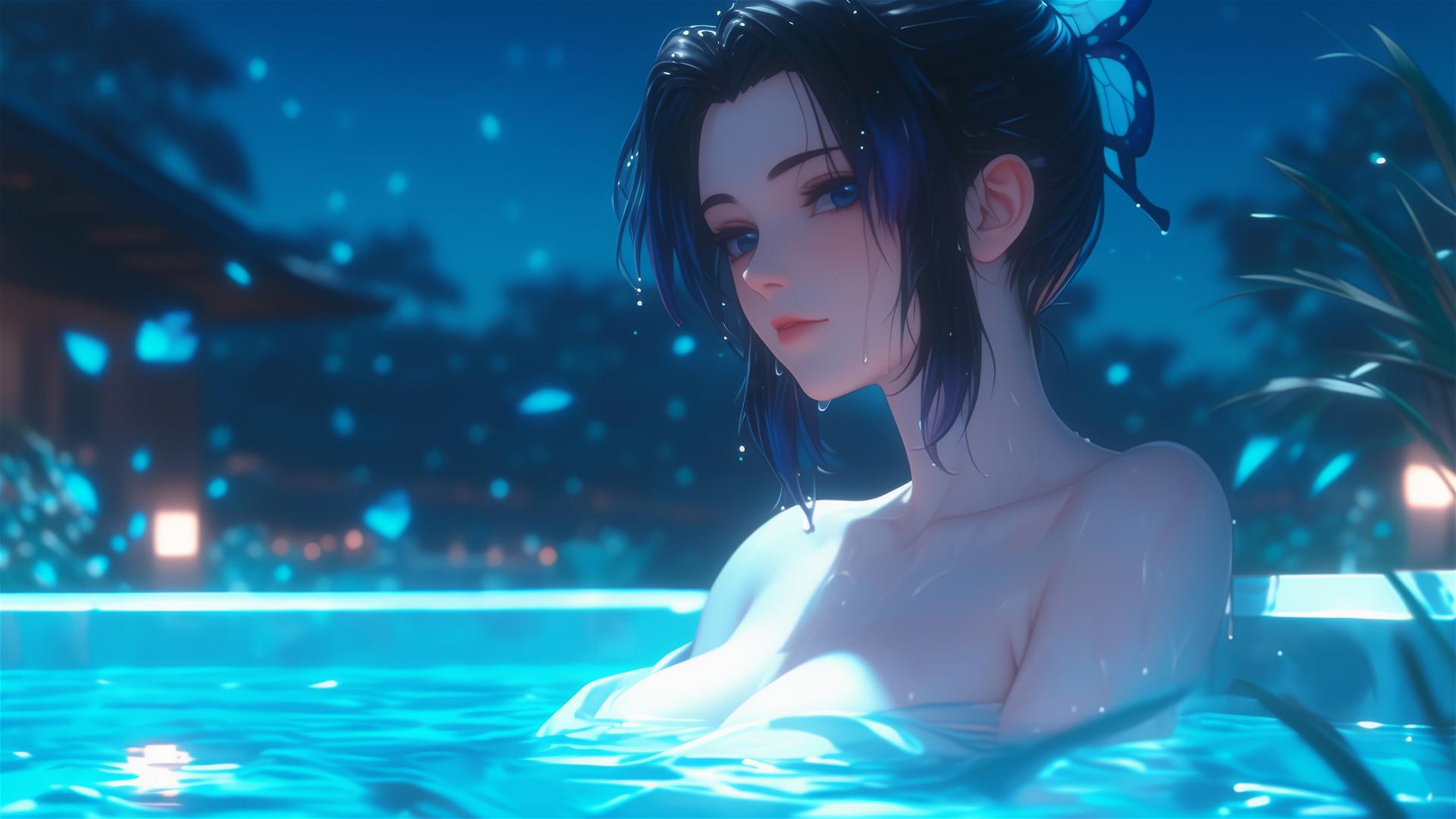 Shinobu Kocho in a tub under moonlight
