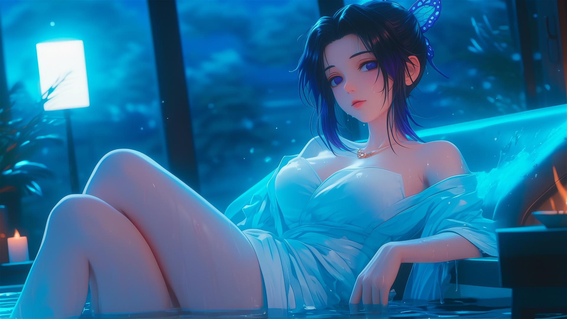 Shinobu Kocho from Demon Slayer resting in tub under moonlight