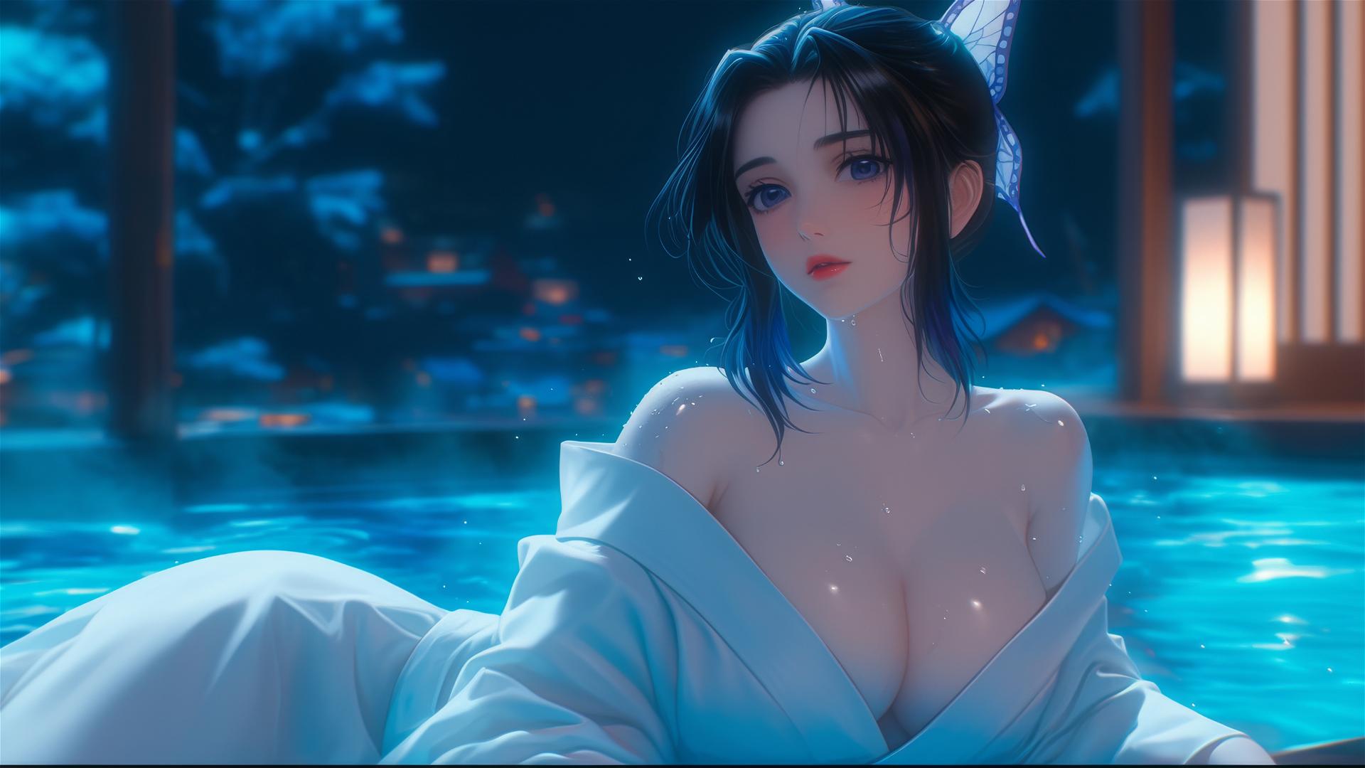 Shinobu Kocho from Demon Slayer relaxing in apartment tub under soft moonlight