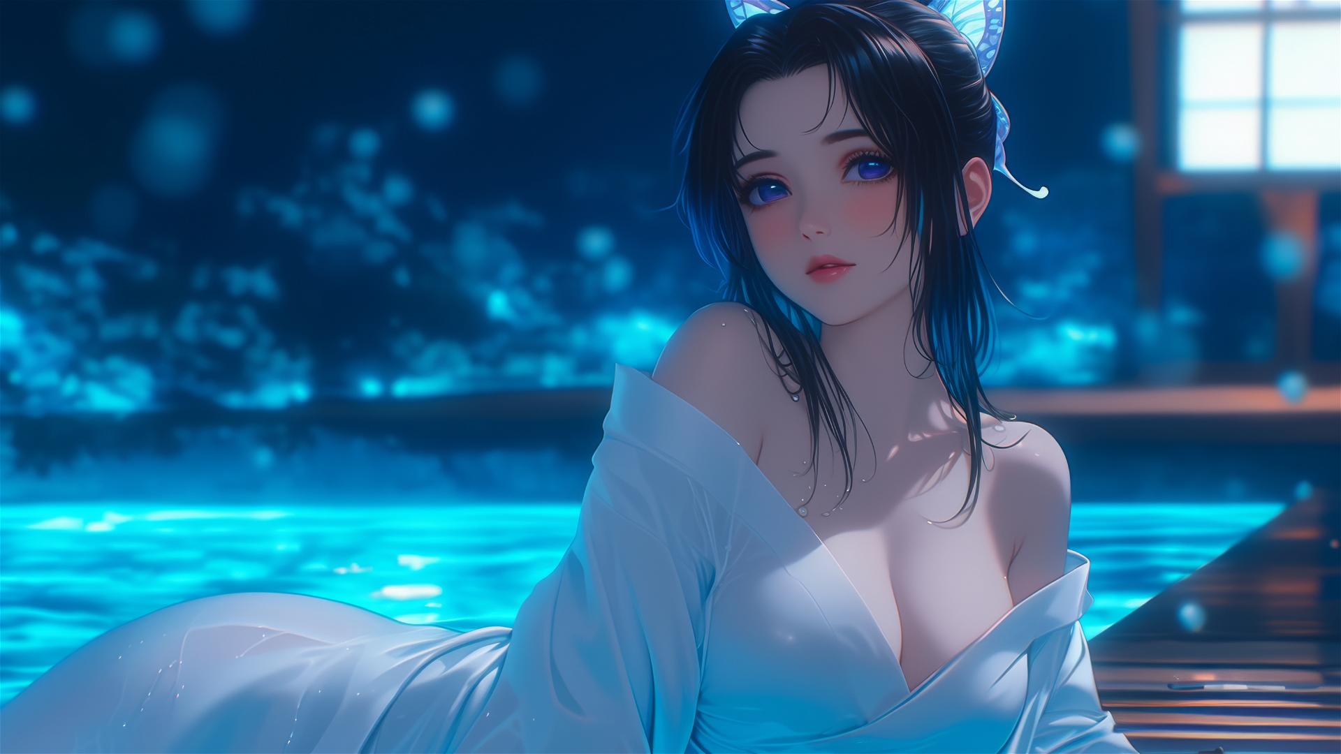 Shinobu Kocho from Demon Slayer resting in her apartment bath under moonlight