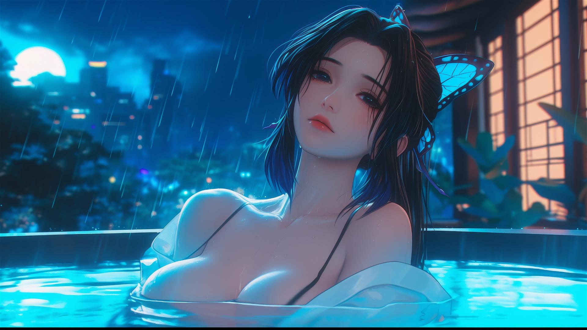 Shinobu Kocho from Demon Slayer resting in tub under moonlight