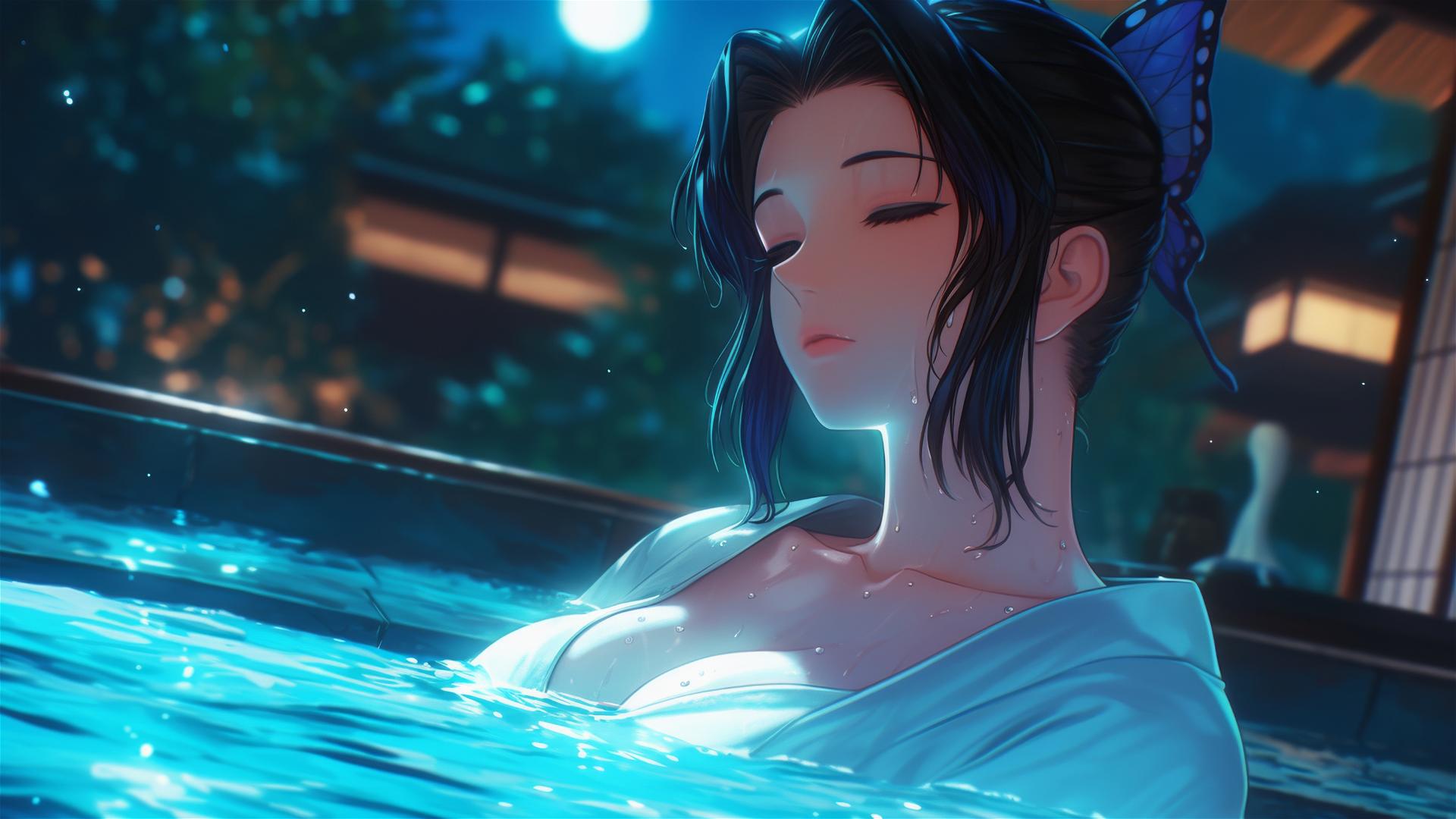 Shinobu Kocho in moonlit tub, resting peacefully
