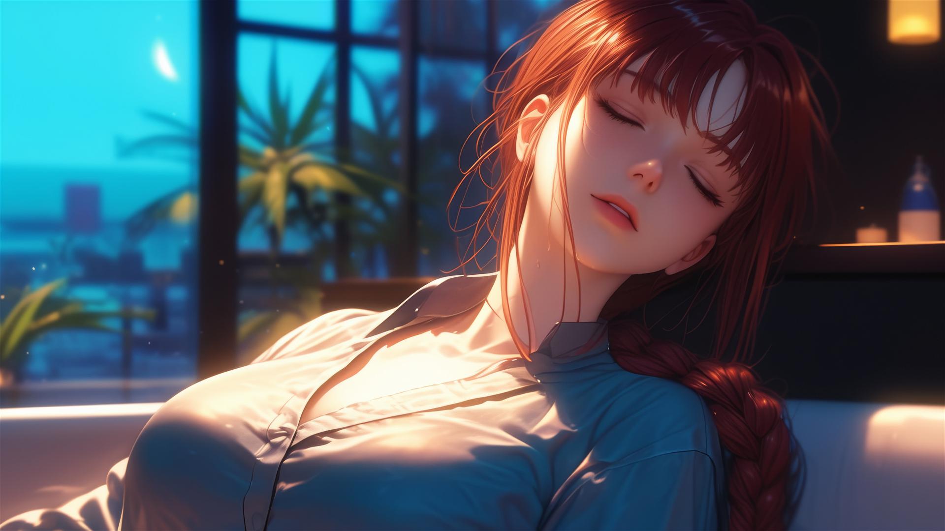 Makima from Chainsaw Man resting in a tub, moonlight casting a glow on her figure with reddish hair