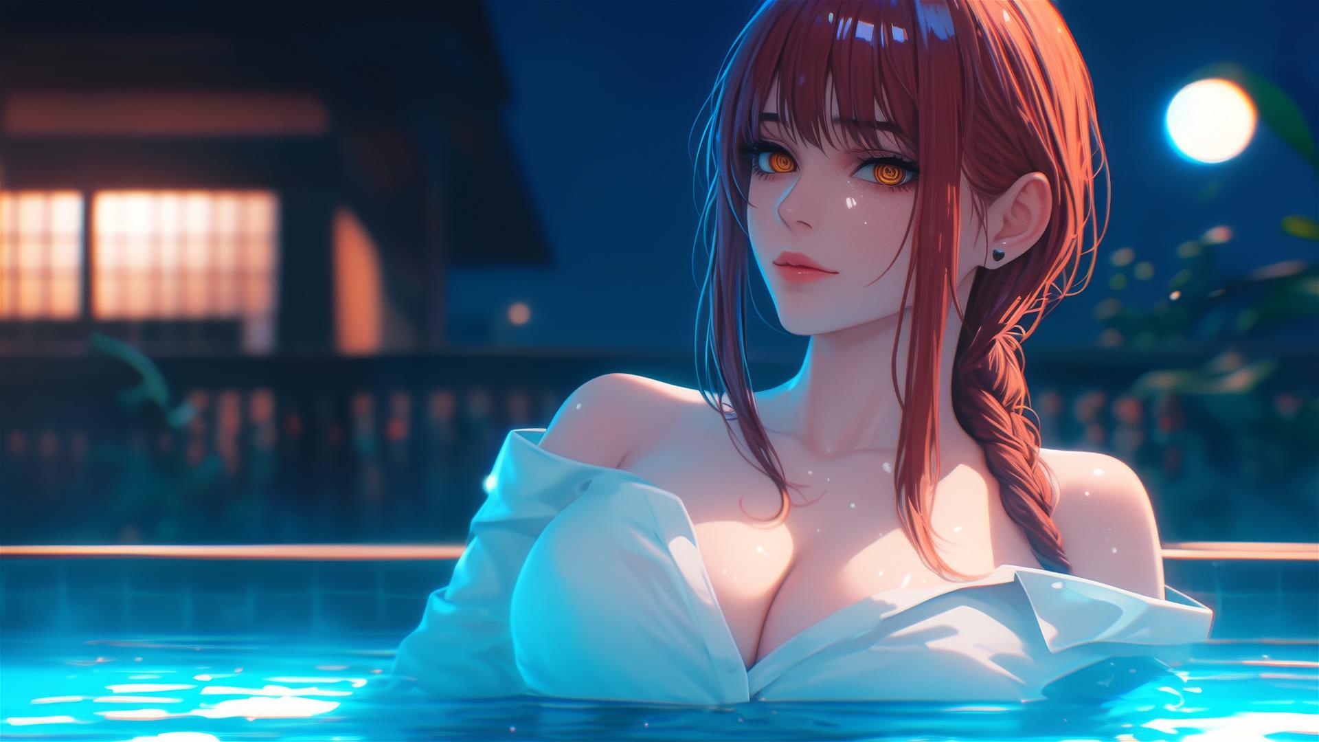 Makima from Chainsaw Man resting in a tub under moonlight