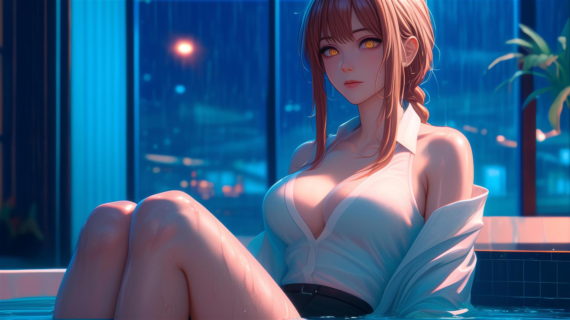 Makima from Chainsaw Man resting in her tub under moonlight, showing off blond to reddish hair