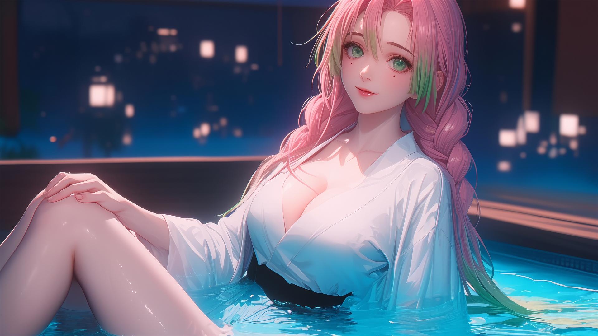 Mitsuri Kanroji from Demon Slayer resting in a tub under moonlight, light pink hair fading to lime green.