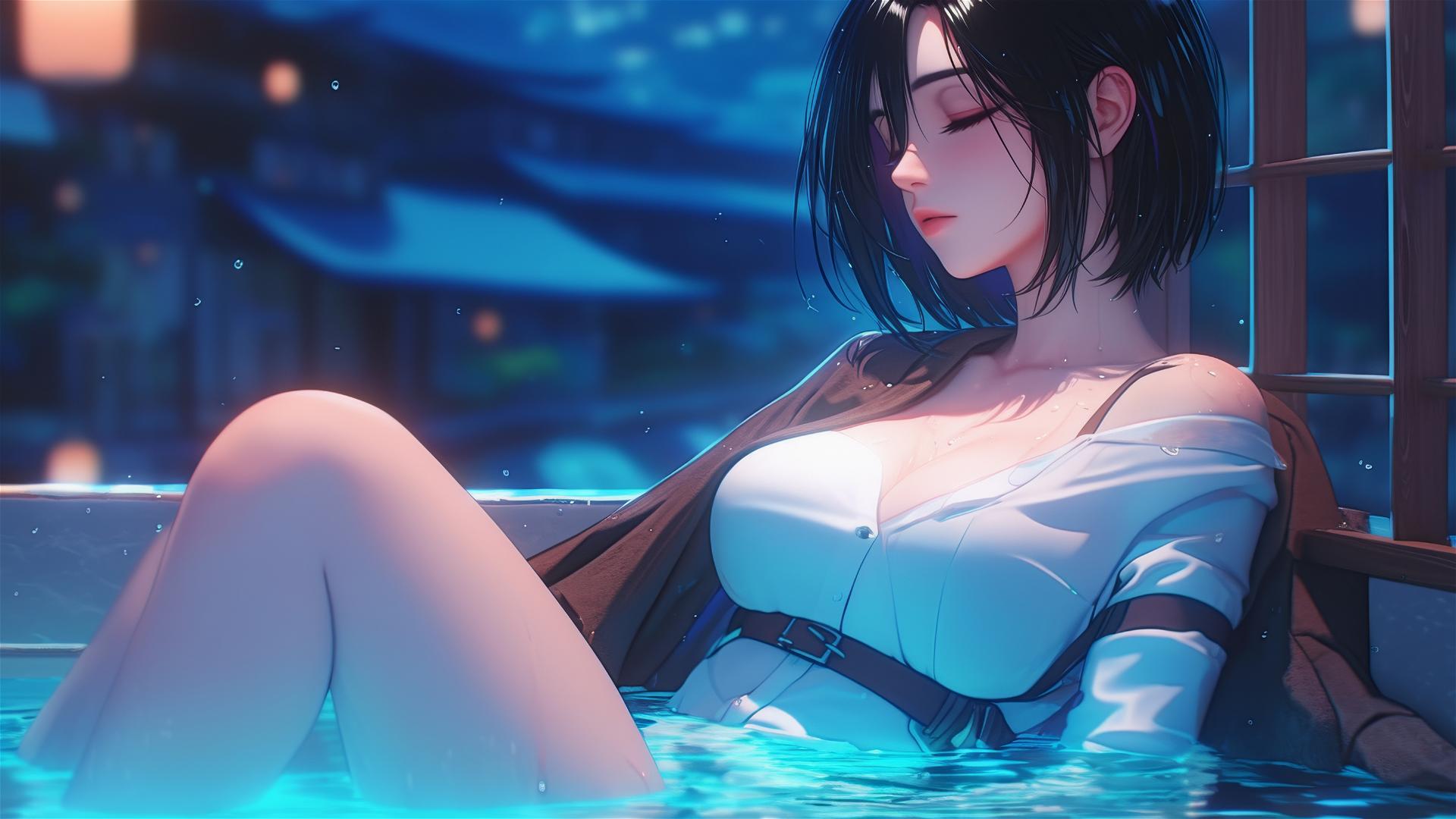 Mikasa Ackerman relaxing in a tub under the moonlight