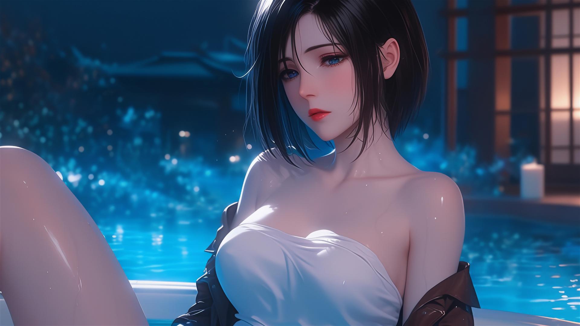 Mikasa Ackerman from Attack on Titan resting in a tub under moonlight glow