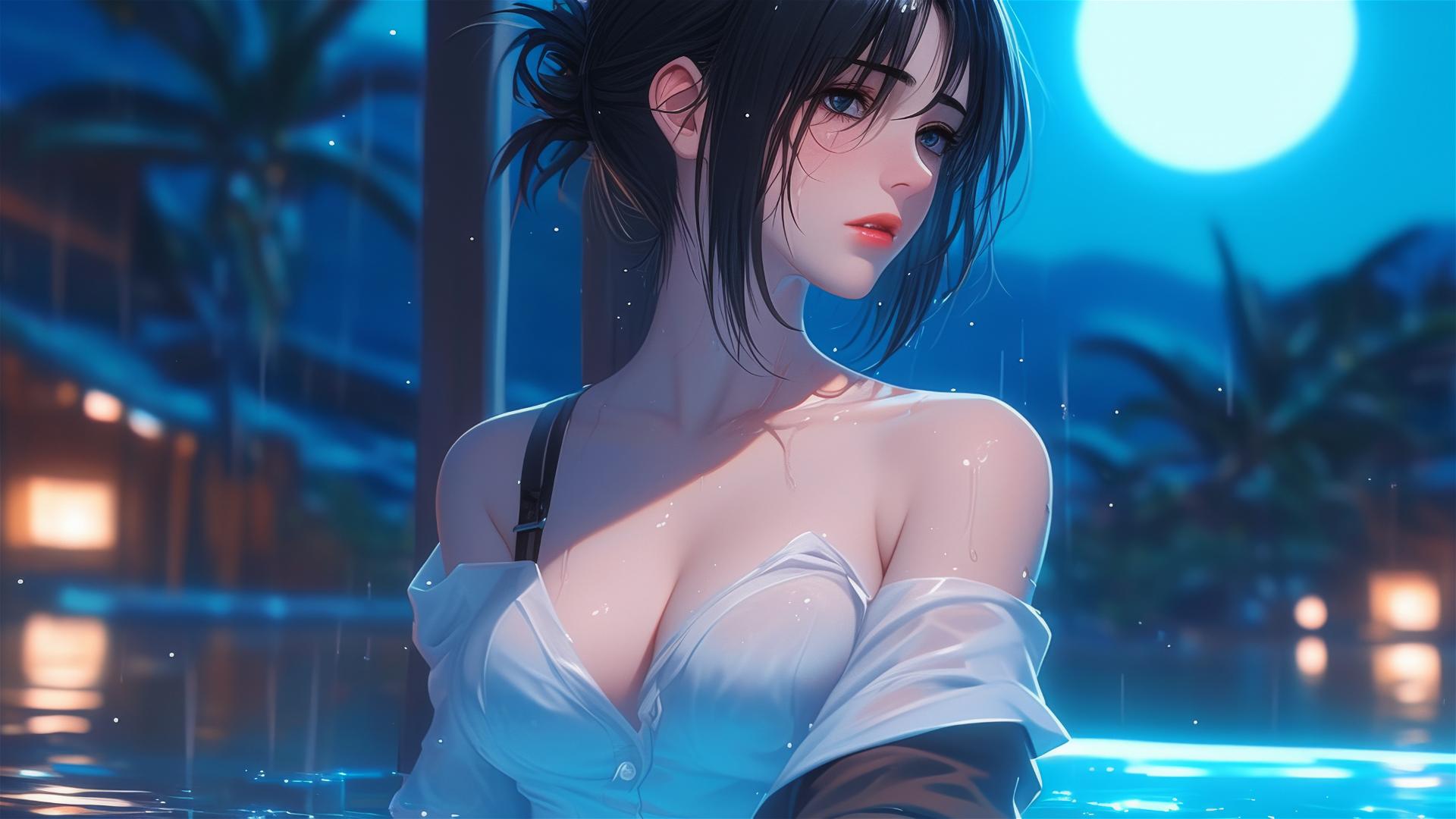 Mikasa Ackerman from Attack on Titan resting in a tub, lit by moonlight