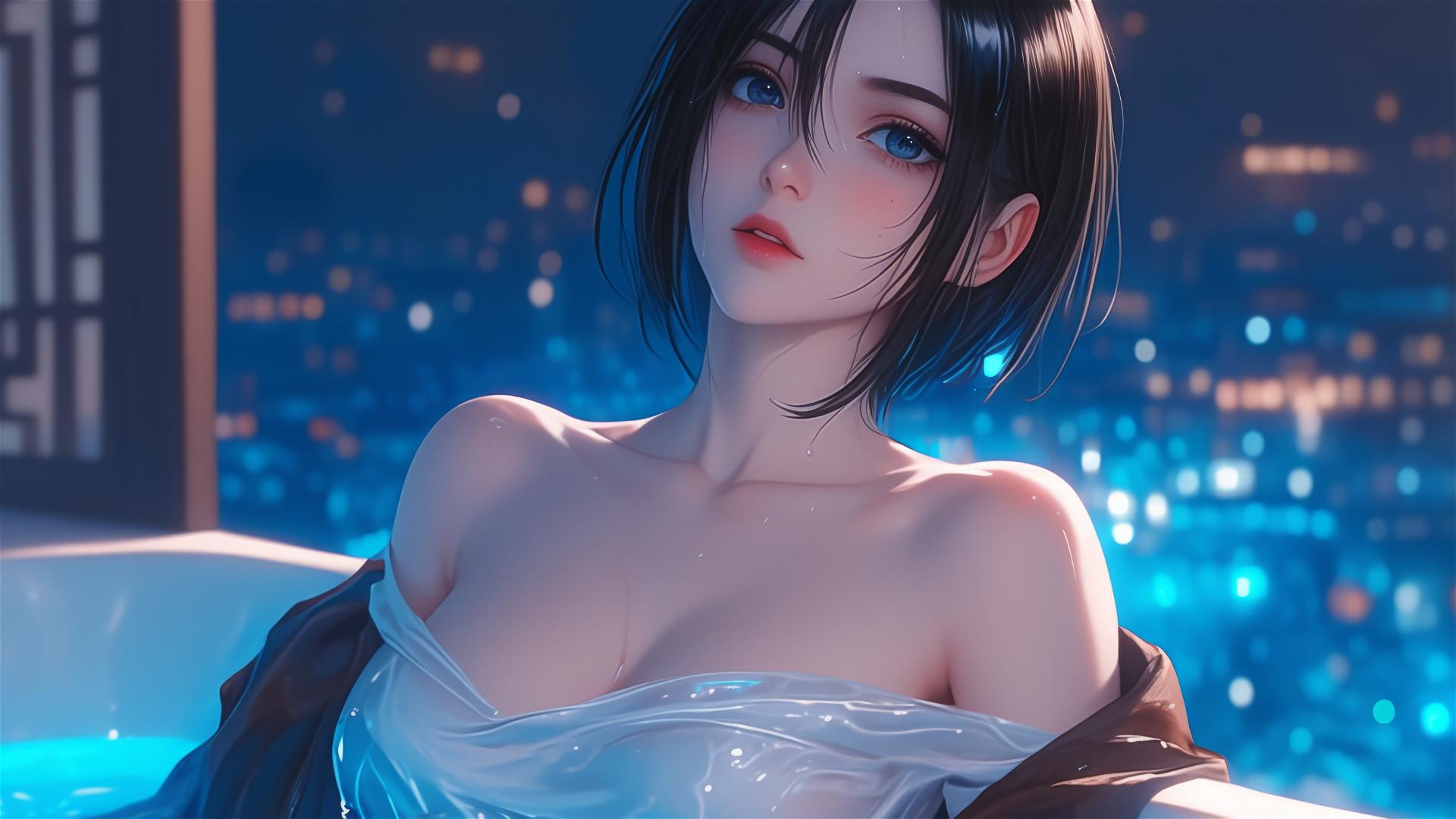 Mikasa Ackerman resting in a tub with moonlight casting a soft glow