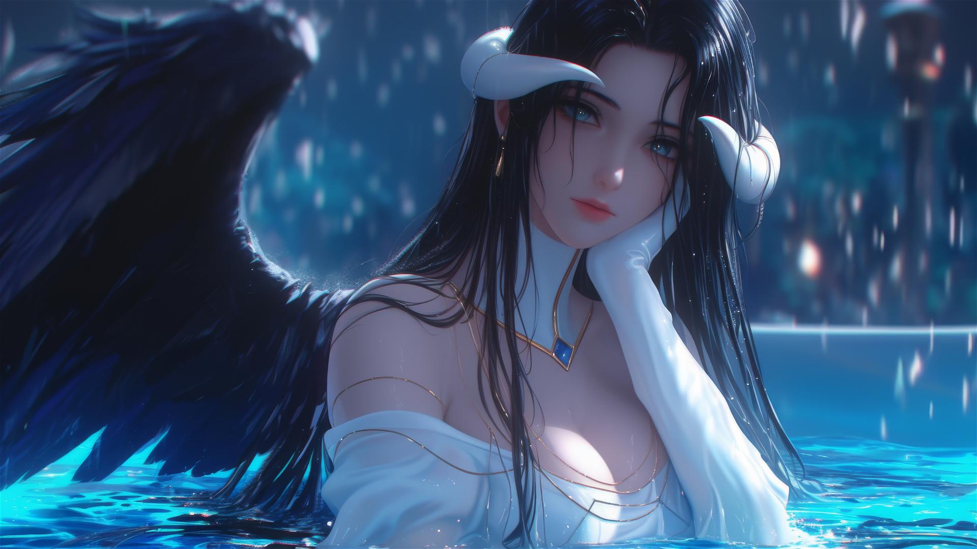 Albedo from Overlord resting in a tub under moonlight