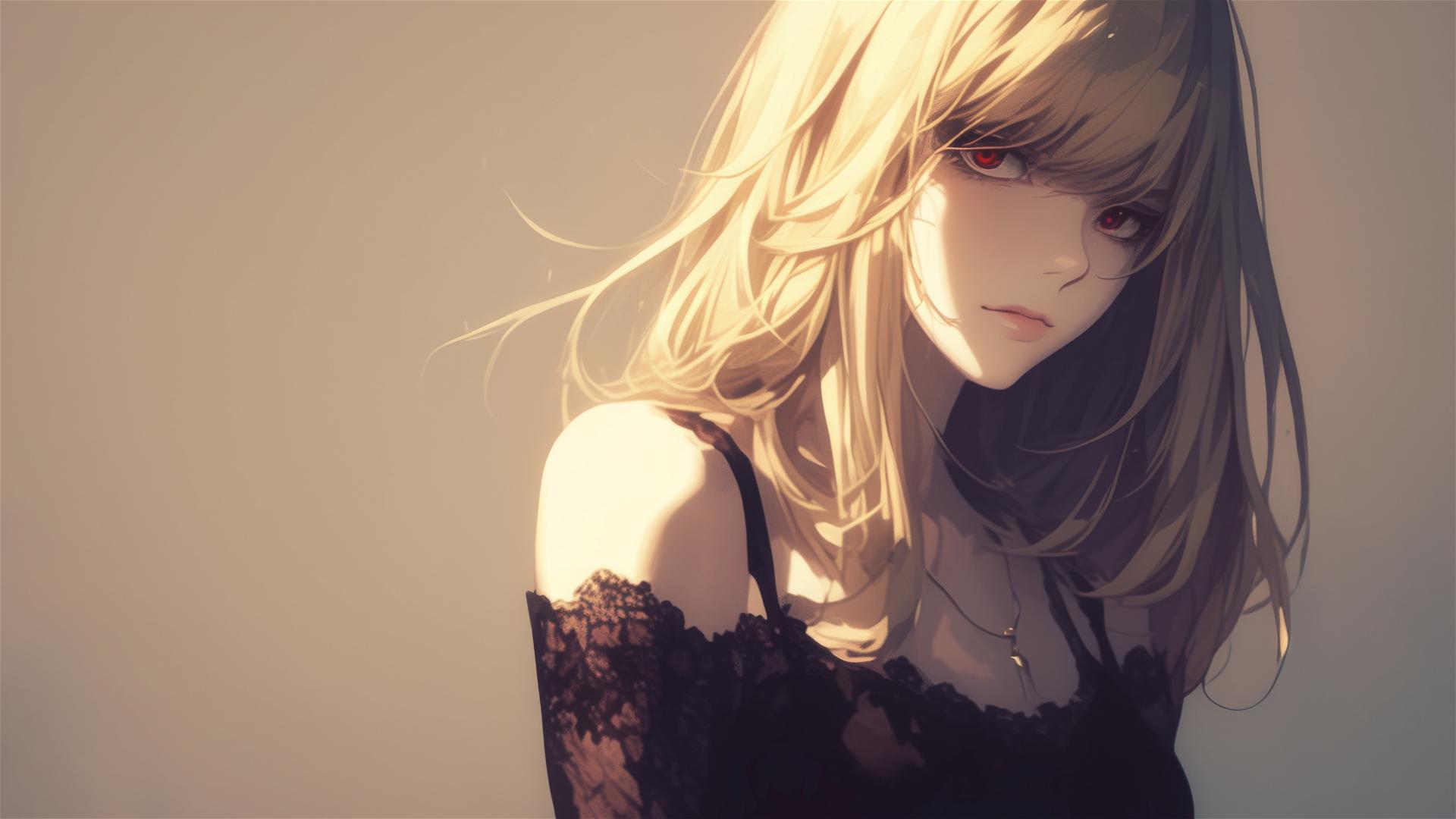 Misa Amane from Death Note in a dark, foggy atmosphere with captivating red eyes, illuminated by a subtle spotlight