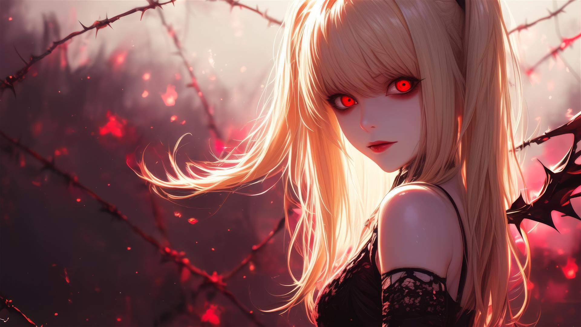 Misa Amane from Death Note in a dark, foggy atmosphere, looking over her shoulder with captivating red eyes