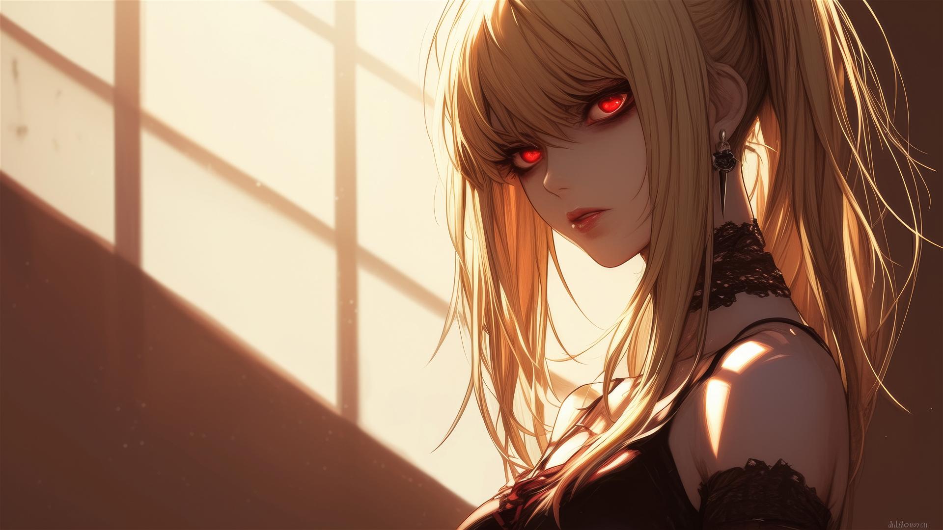 Misa Amane from Death Note in contemplative pose with glowing red eyes against shadow play backdrop