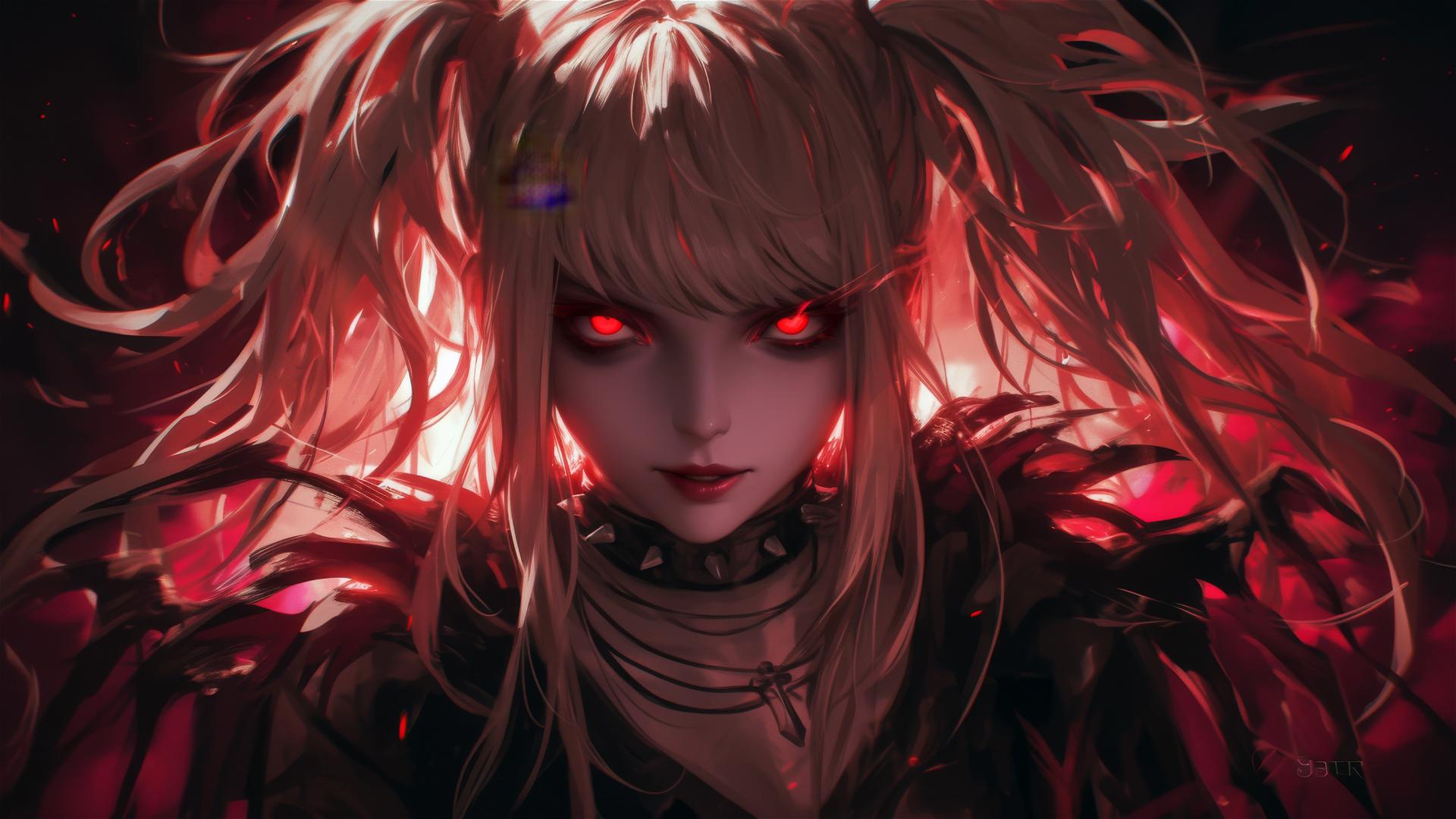 Misa Amane from Death Note in a heroic pose with a strong spotlight effect and red eyes in darkness.