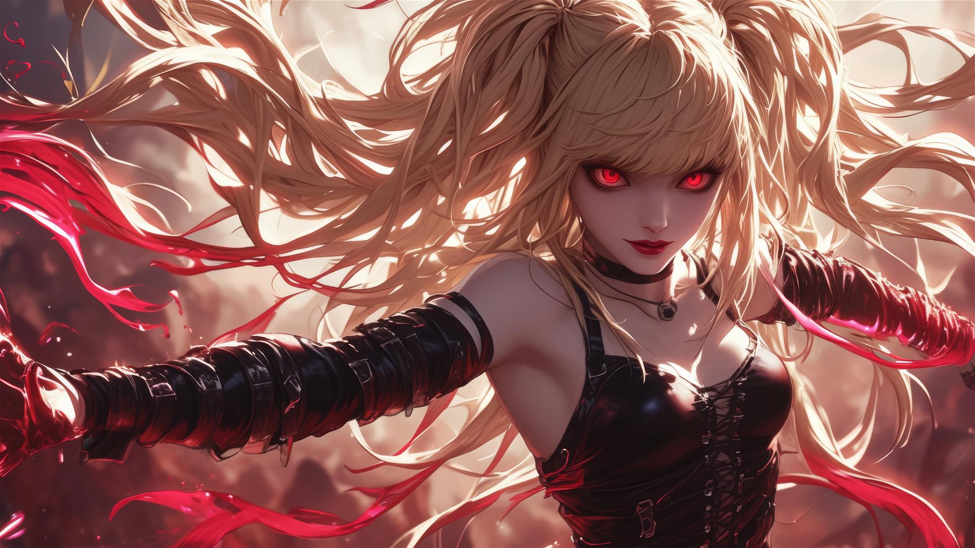 Dimly lit image of Misa Amane from Death Note with vivid red eyes, captured mid-twirl under a spotlight