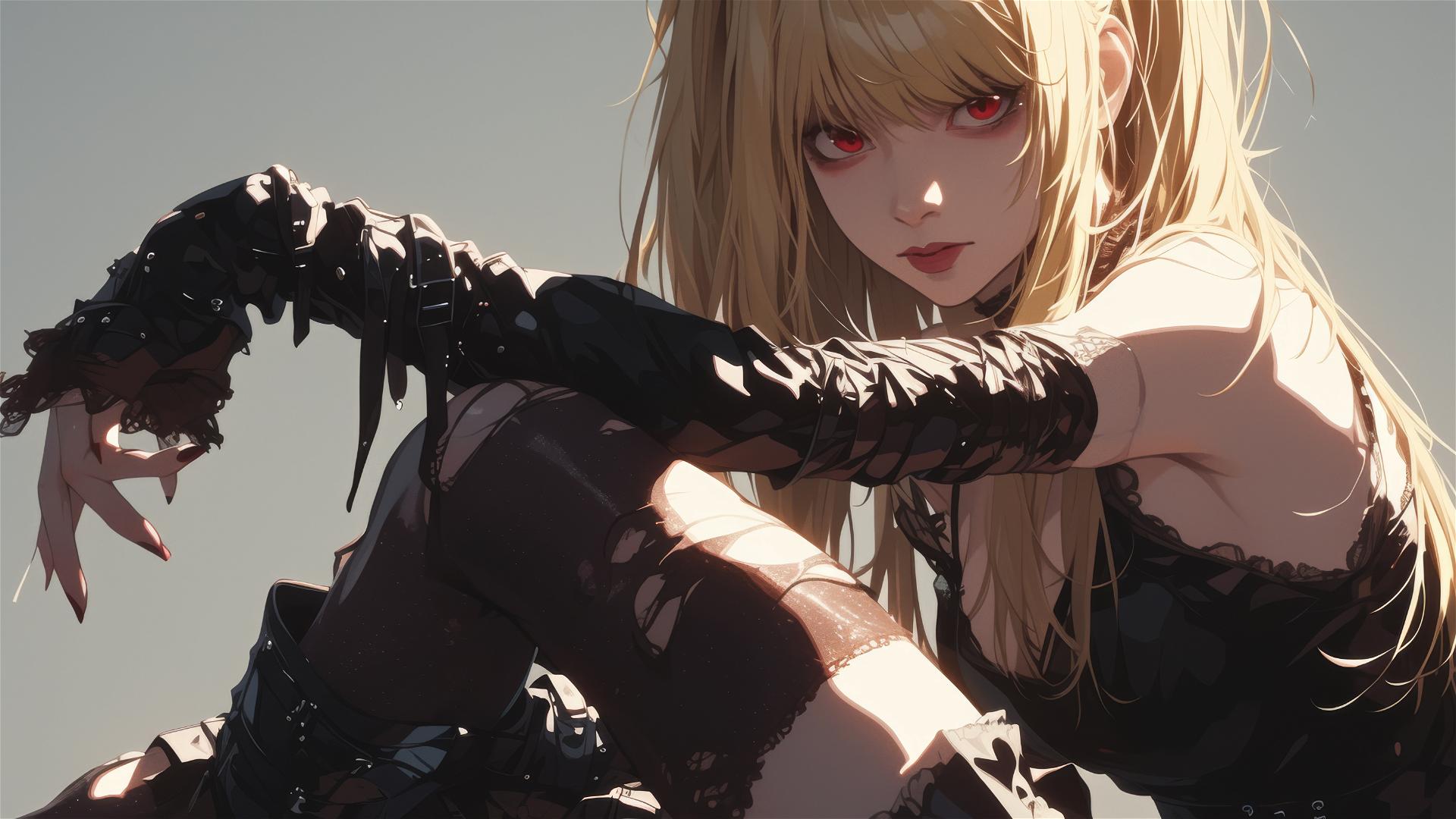 Isolated shot of Misa Amane from Death Note on dark background with red eyes and spotlight effect