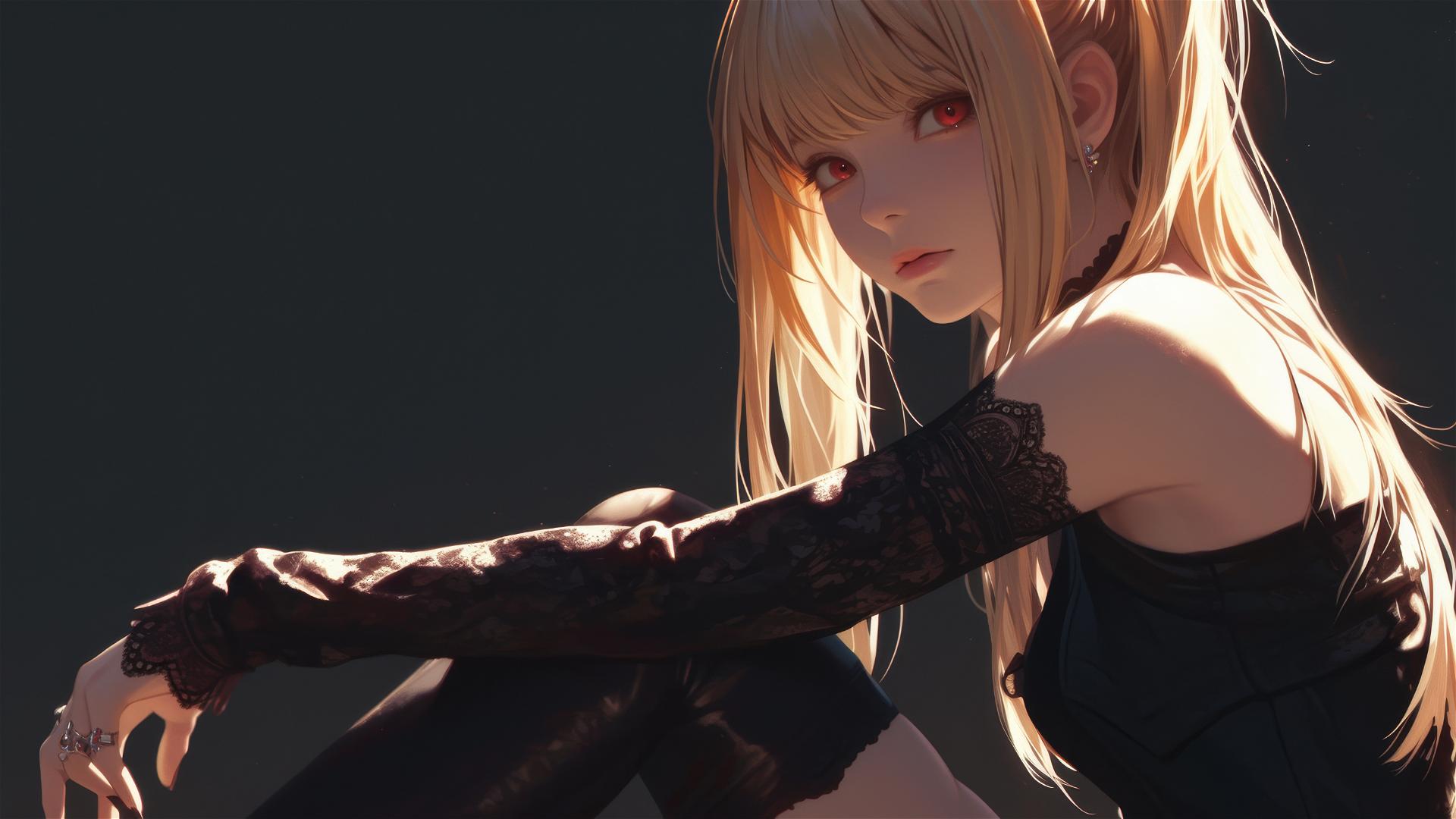 Isolated shot of Misa Amane from Death Note in dynamic pose, dark background, red eyes, spotlight effect