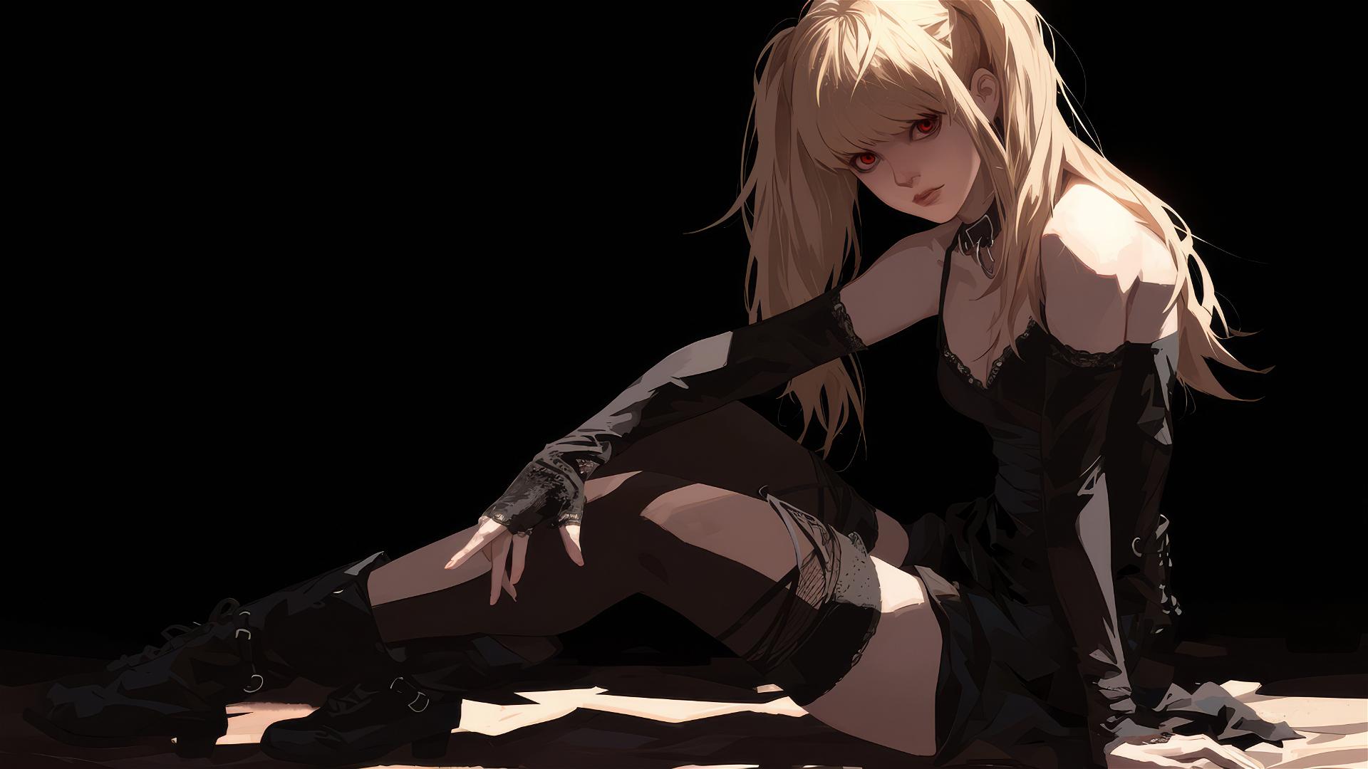Isolated Misa Amane from Death Note on a dark background, striking a dynamic pose highlighting thigh, with red eyes under a spotlight effect