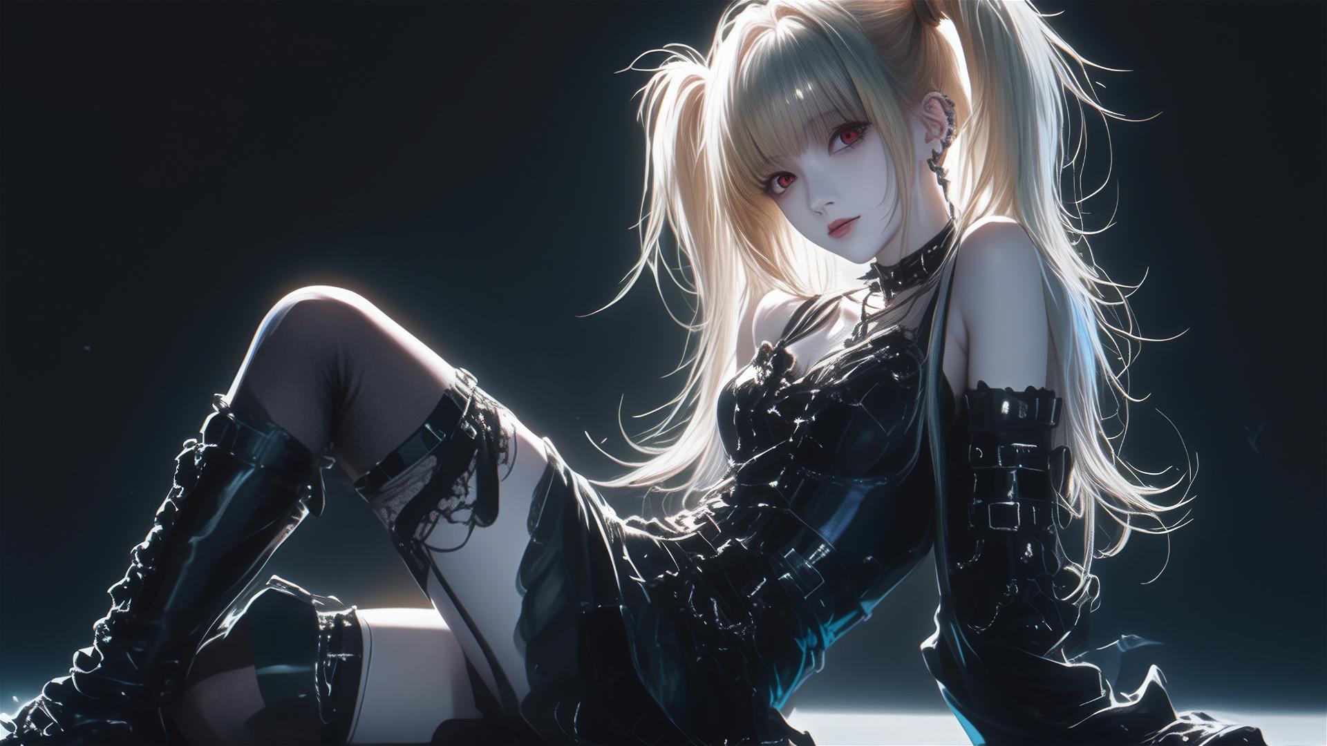 Misa Amane from Death Note with red eyes in a dynamic pose on a dark background