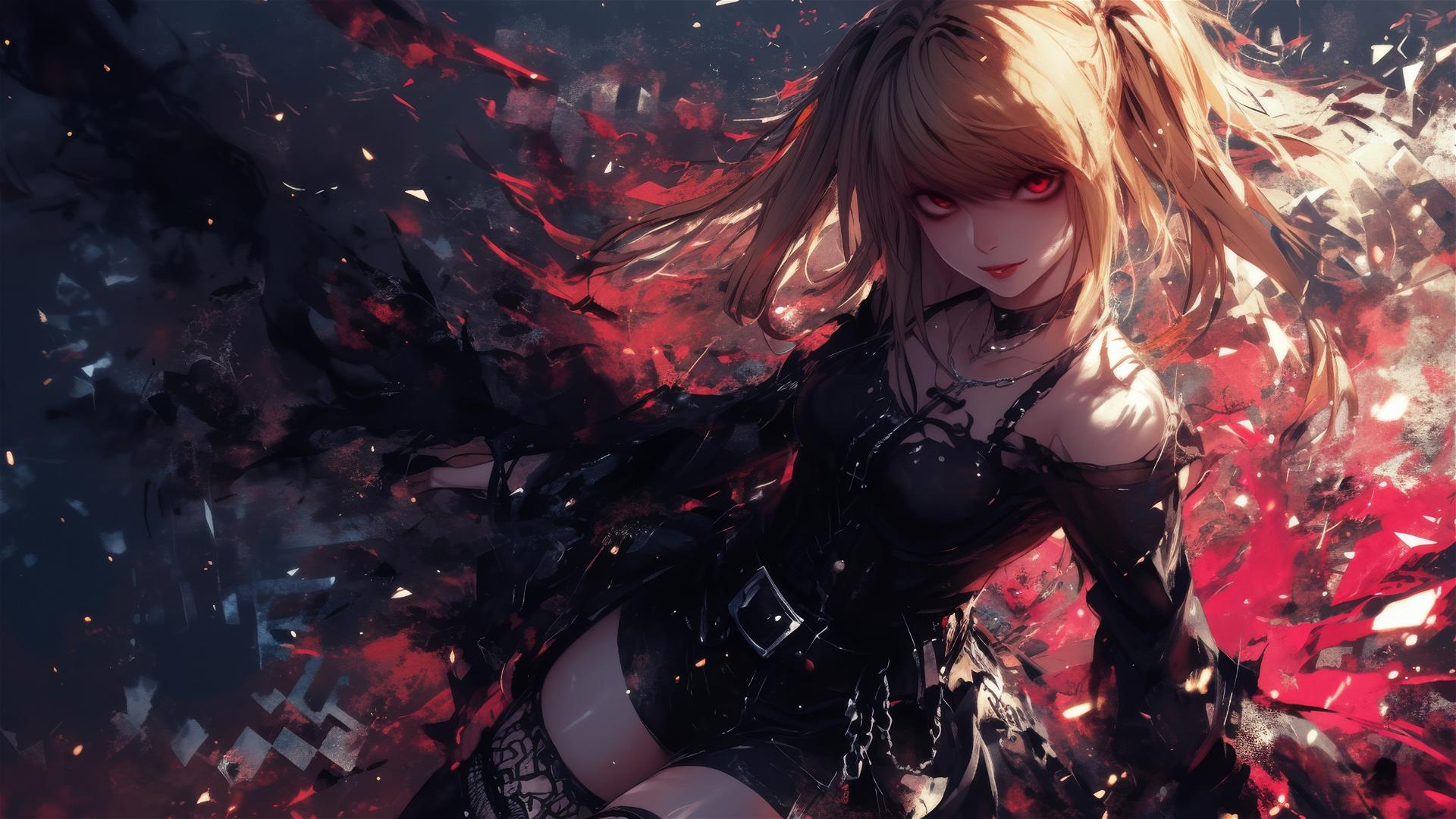Misa Amane from Death Note with red eyes and dynamic pose on dark background, spotlight effect