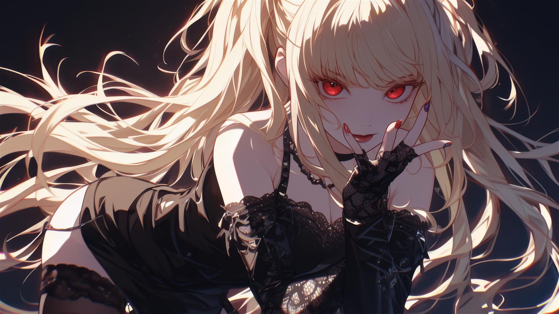 Isolated shot of Misa Amane from Death Note with a dark background, spotlight effect, red eyes, and dynamic pose highlighting thigh
