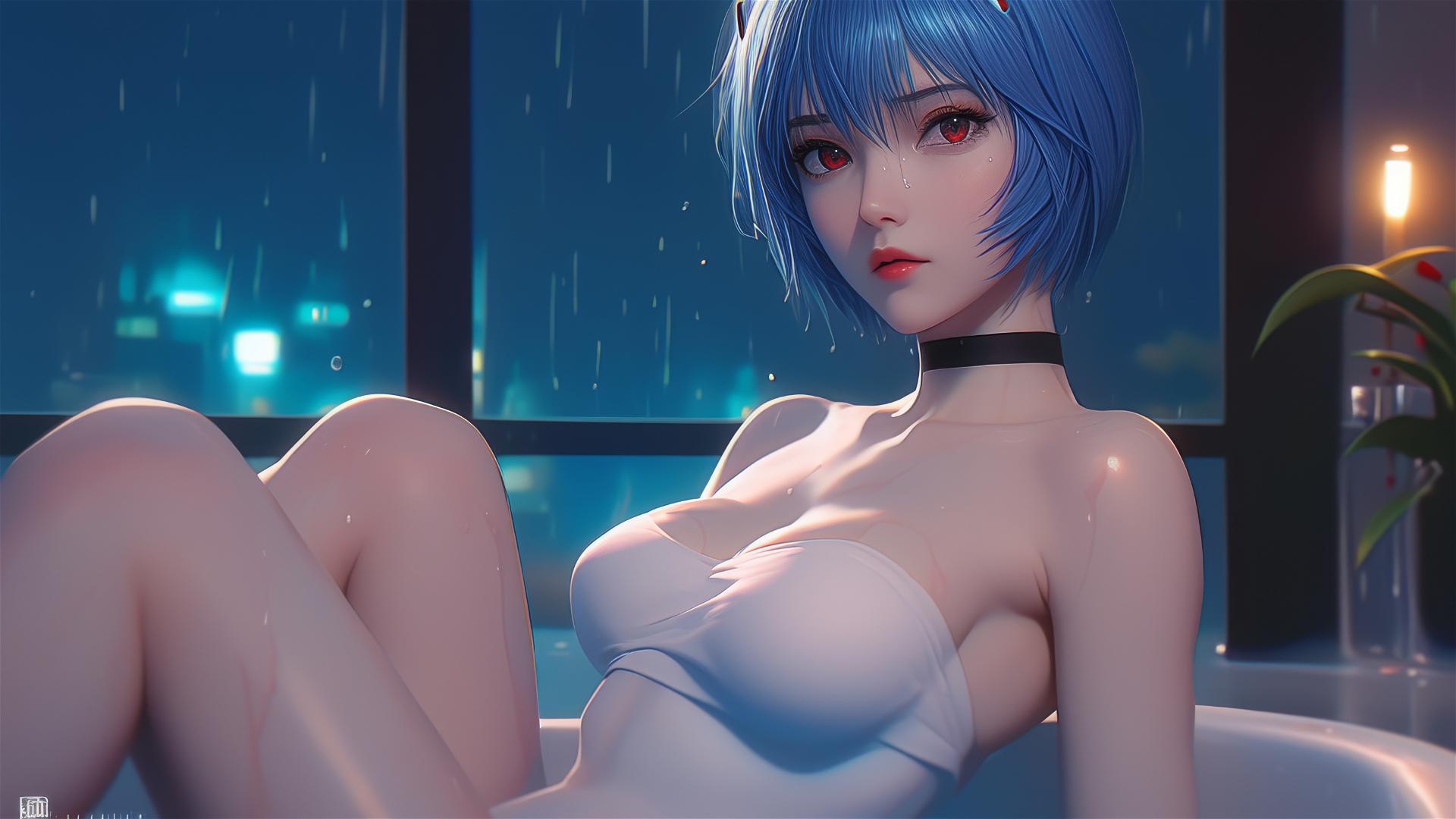 Rei Ayanami from Neon Genesis Evangelion resting in tub under moonlight, with short blue hair