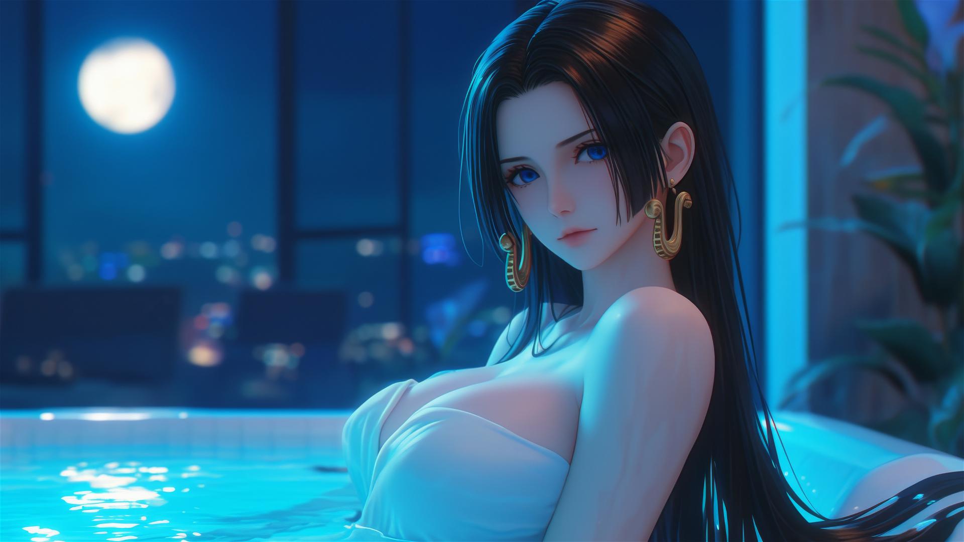 Boa Hancock from One Piece, resting in a tub under moonlight