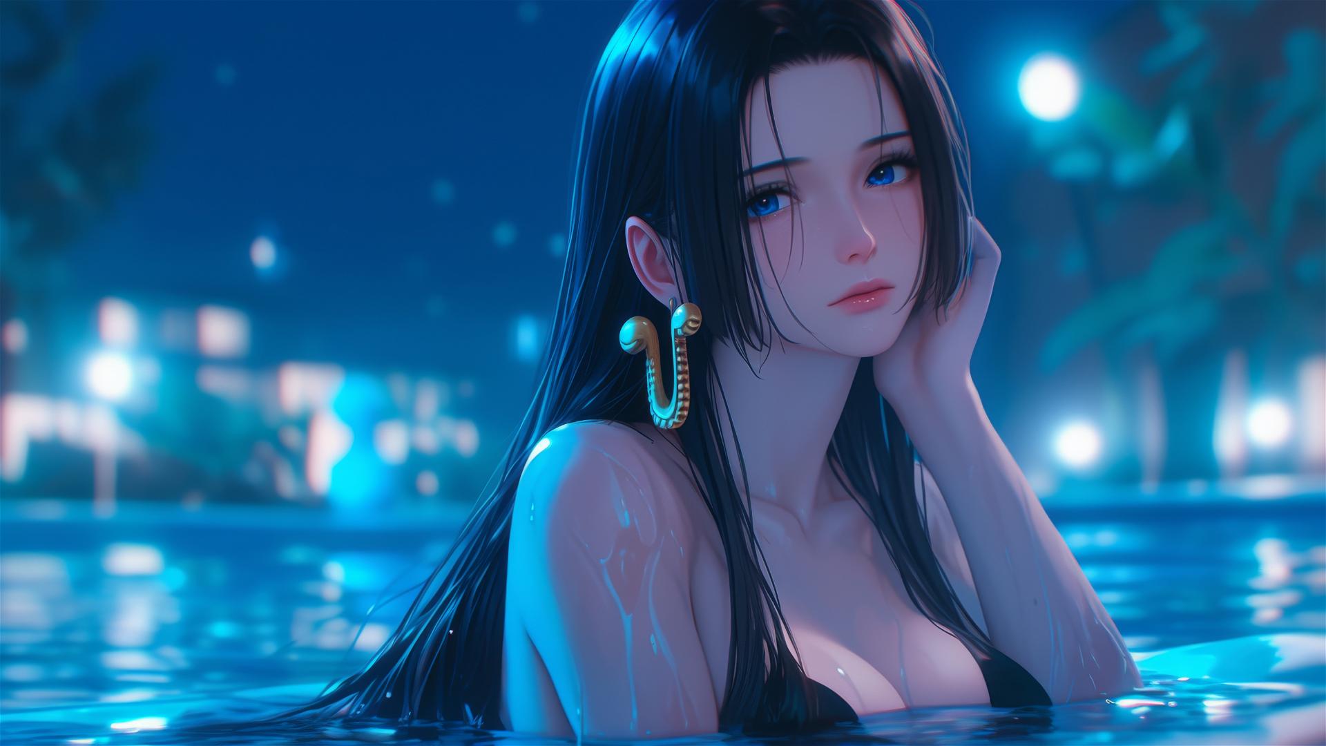 Boa Hancock resting in tub with moonlight glow