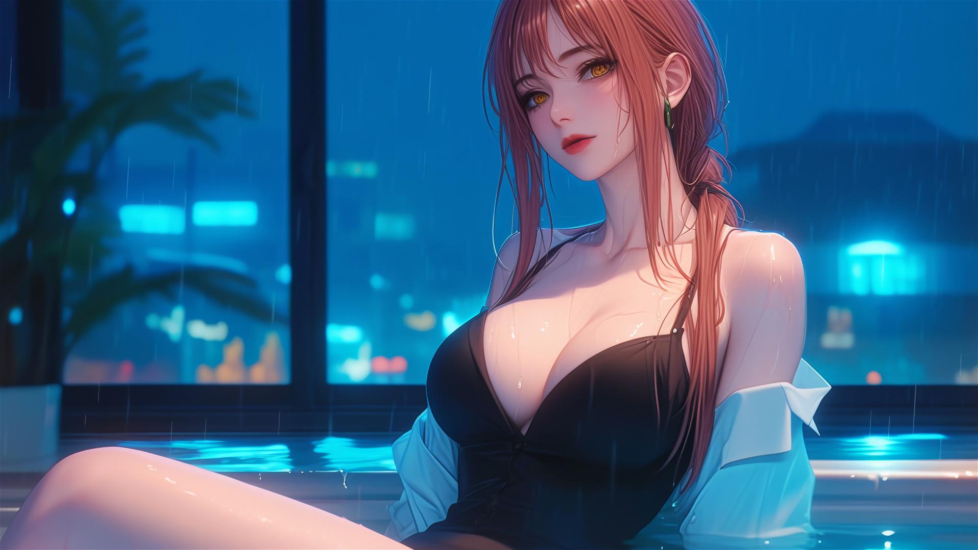 Makima from Chainsaw Man resting leisurely at tub, moonlight casting glow on her figure with blond and redish hair