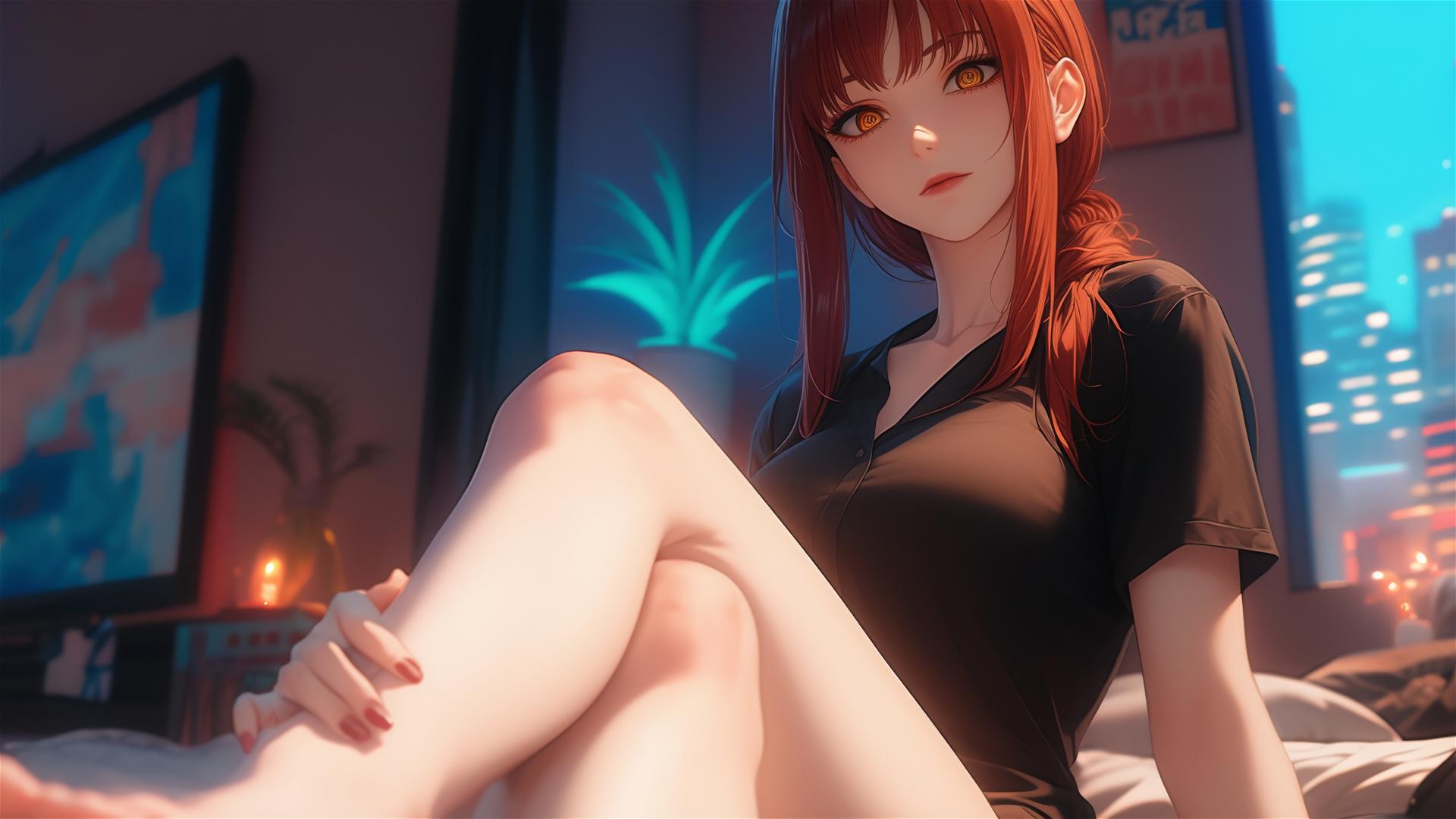 Close-up view of red-haired Makima from Chainsaw Man resting in her room