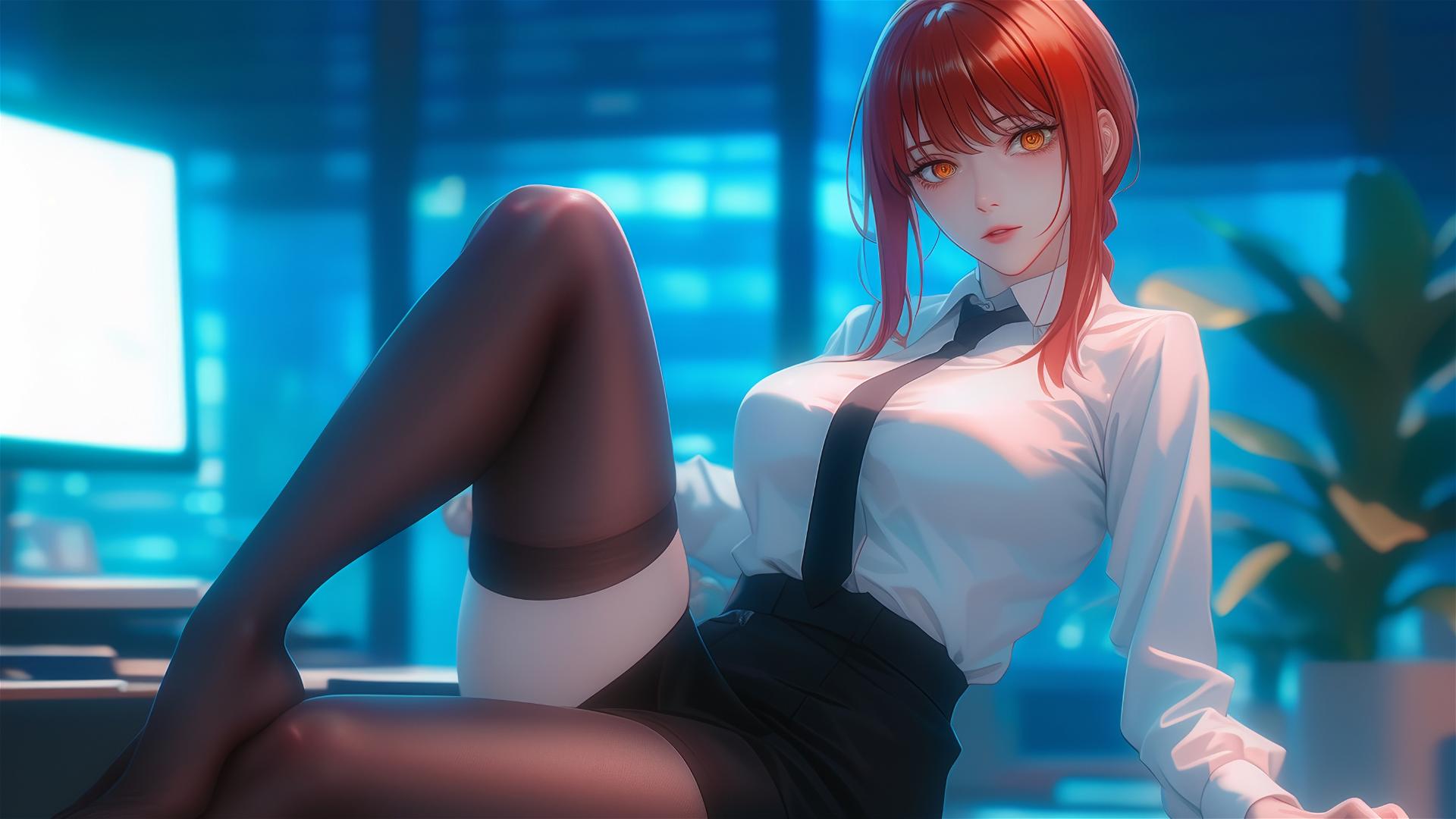 Makima from Chainsaw Man standing in office, close-up on foot