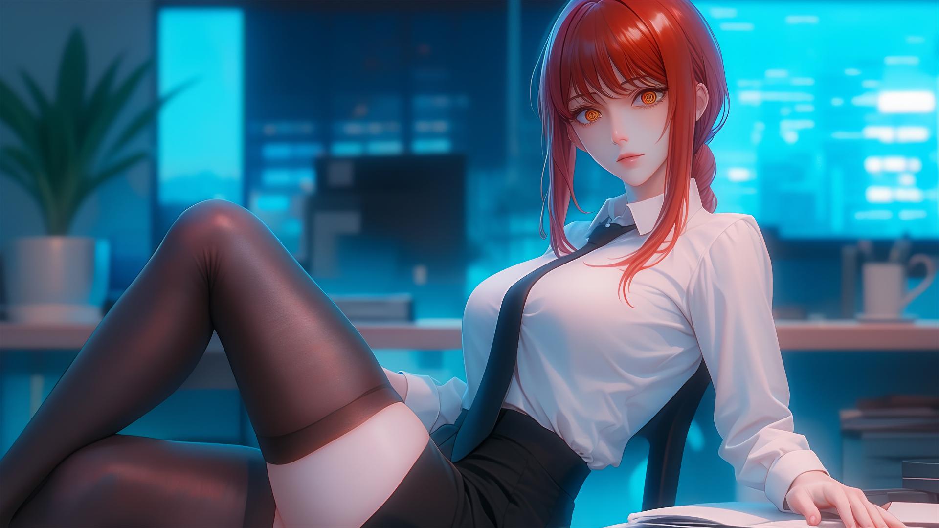 Makima from Chainsaw Man in dynamic pose with focus on thigh, close-up of her foot and reddish hair