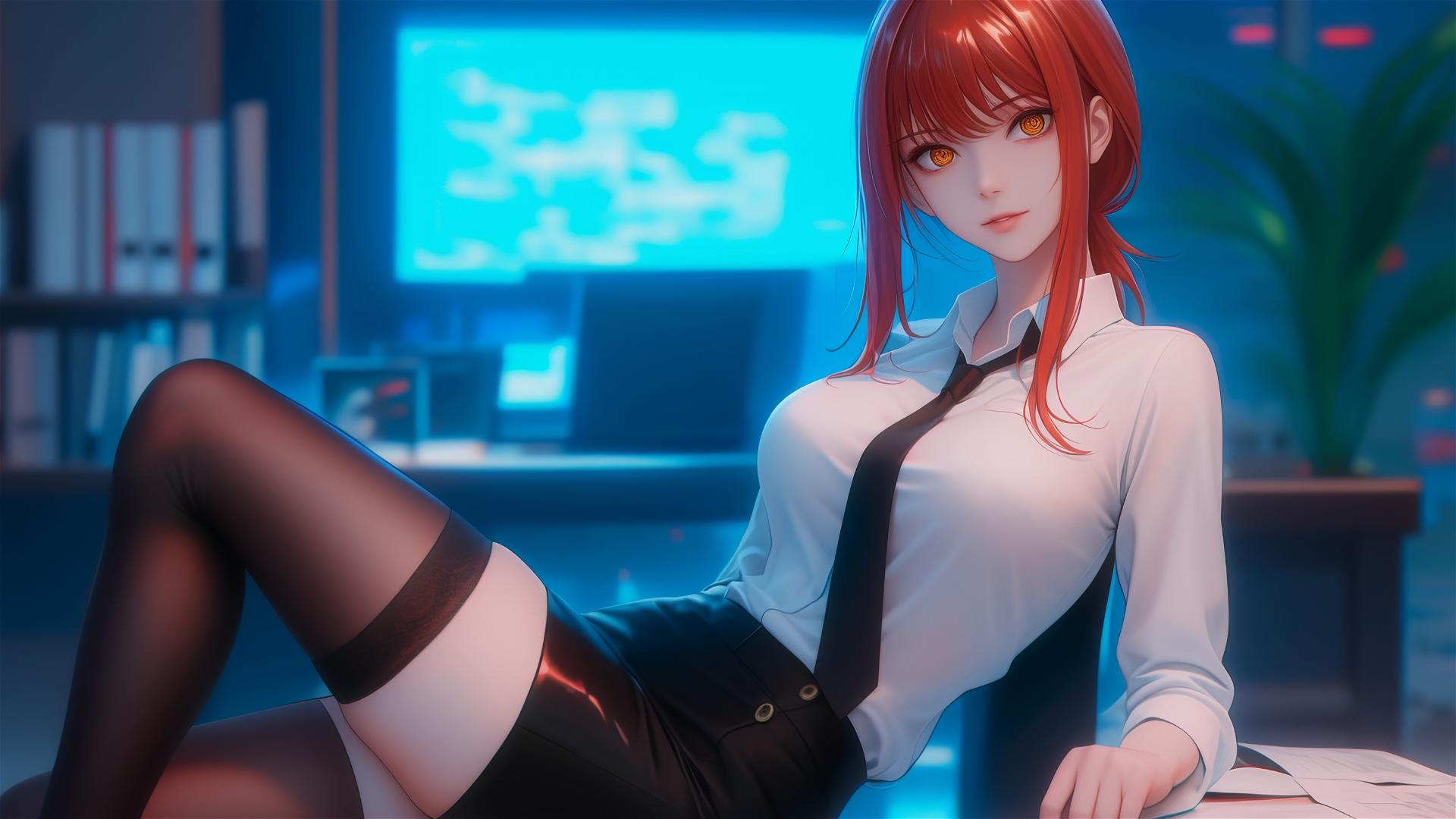 Makima from Chainsaw Man strikes a dynamic pose in an office, close-up of foot, red hair