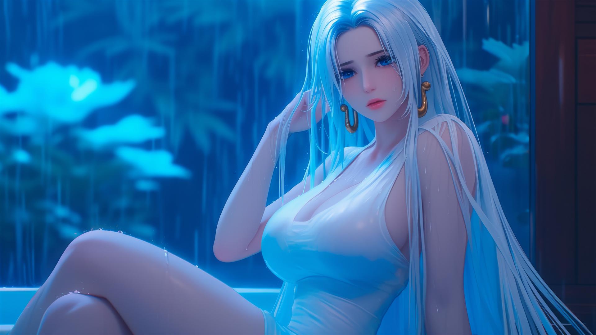 Boa Hancock from One Piece resting in tub under moon light with white hair