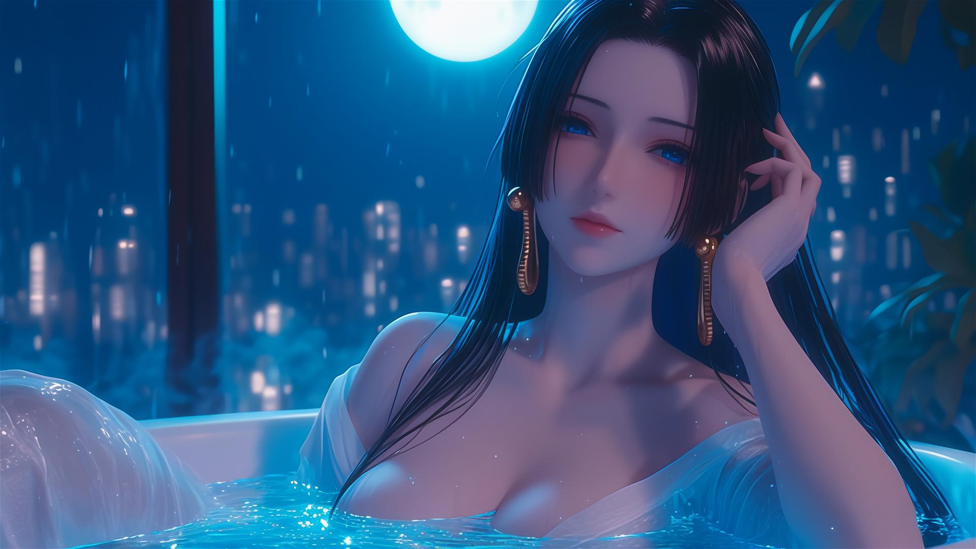 Boa Hancock from One Piece resting in her apartment's tub under moonlight