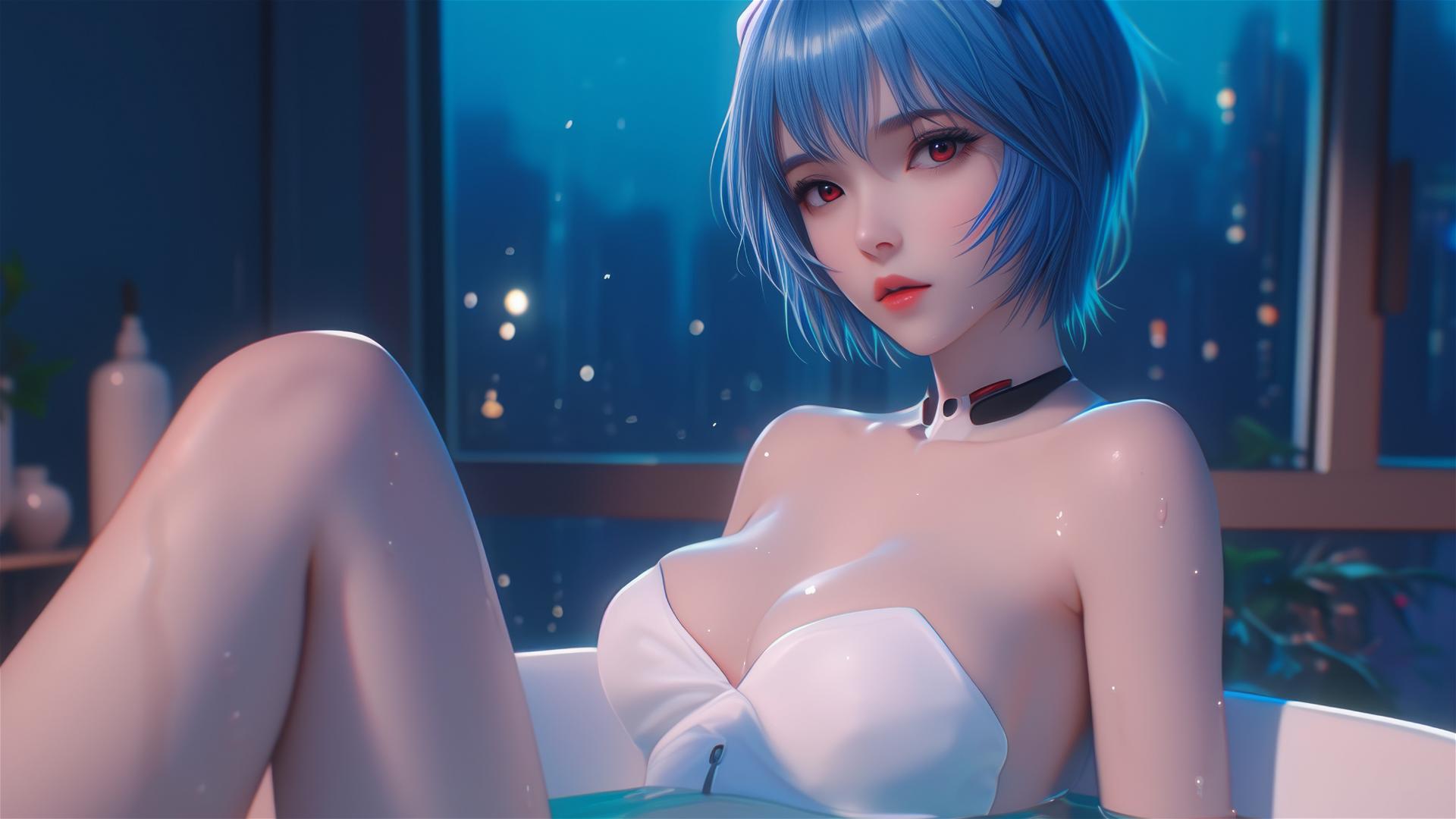 Rei Ayanami from Neon Genesis Evangelion resting in a tub with moonlight casting a glow on her and her short blue hair