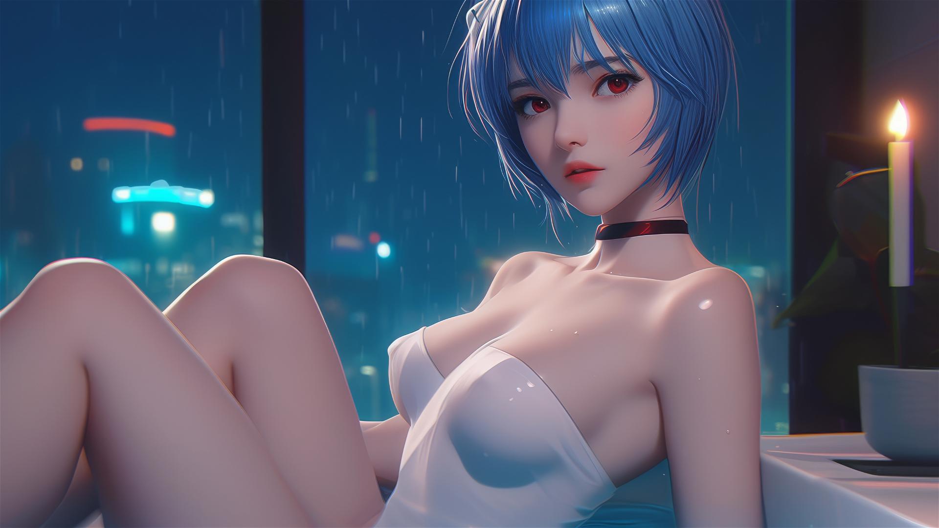 Rei Ayanami from Neon Genesis Evangelion, resting in her apartment's tub under moonlight