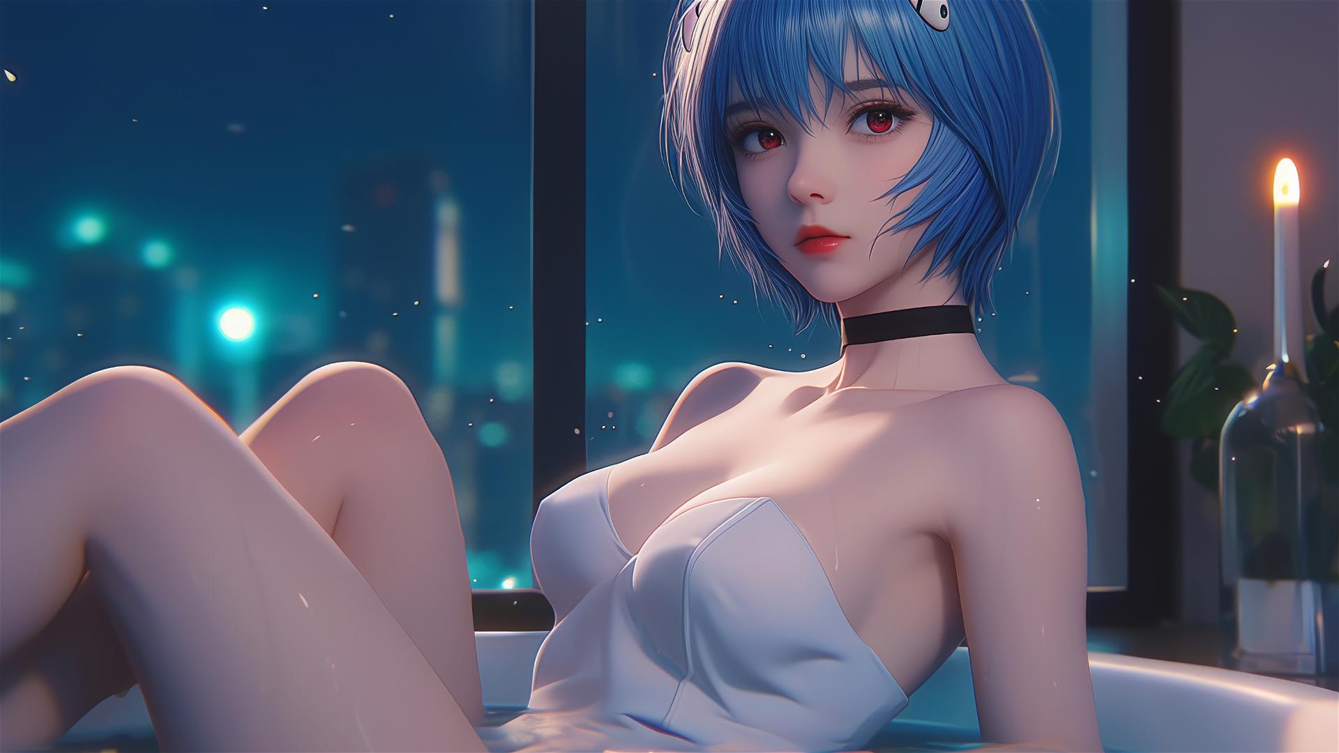 Rei Ayanami from Neon Genesis Evangelion resting in her apartment's tub under moonlight