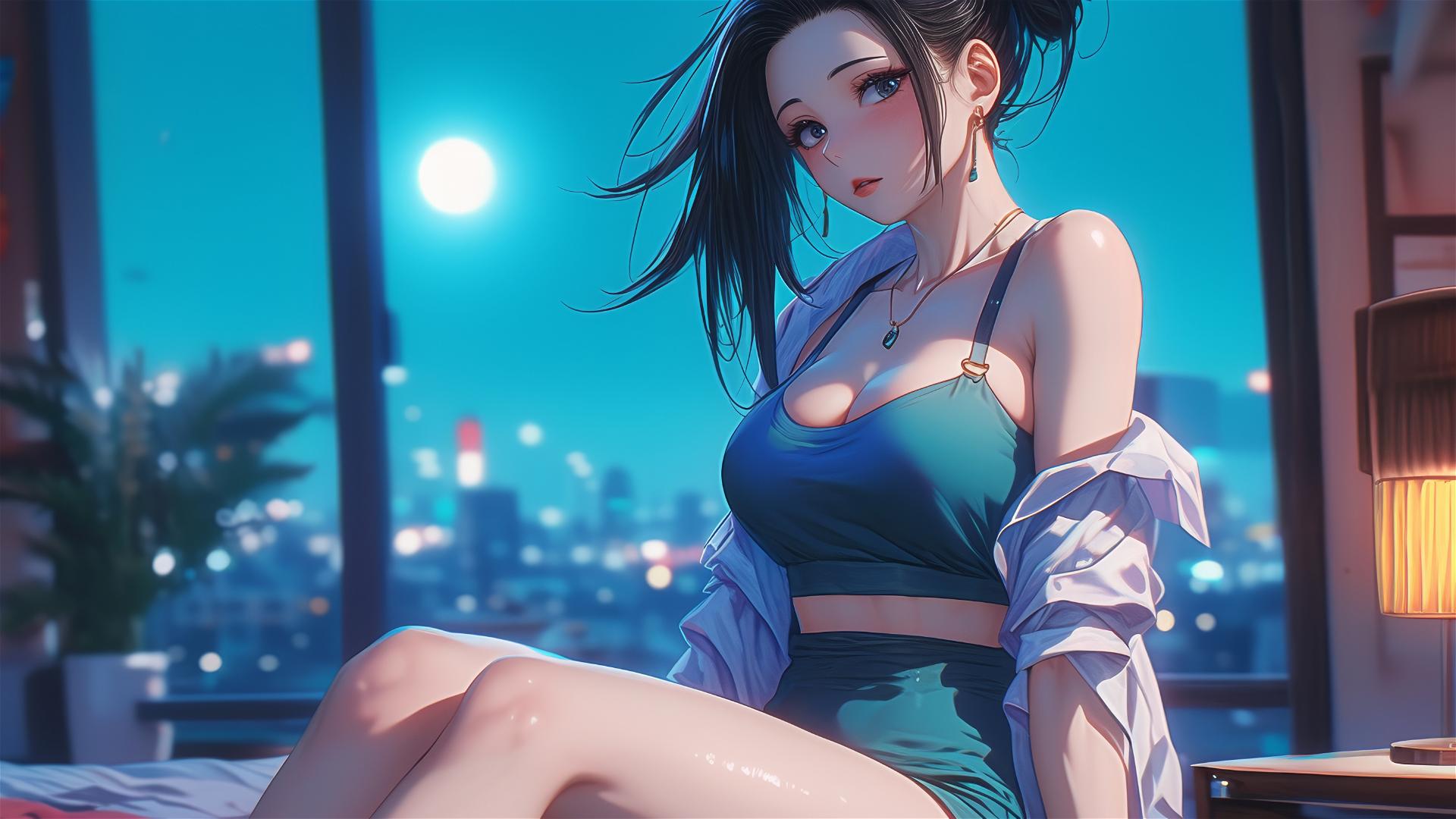 Momo Yaoyorozu reclining at her apartment under moonlight