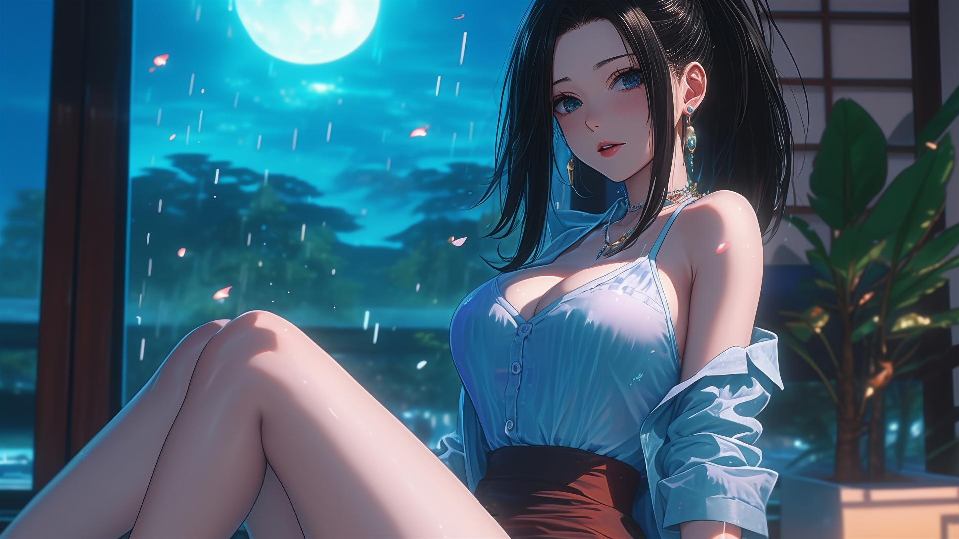 Momo Yaoyorozu from My Hero Academia resting at her apartment in soft moonlight