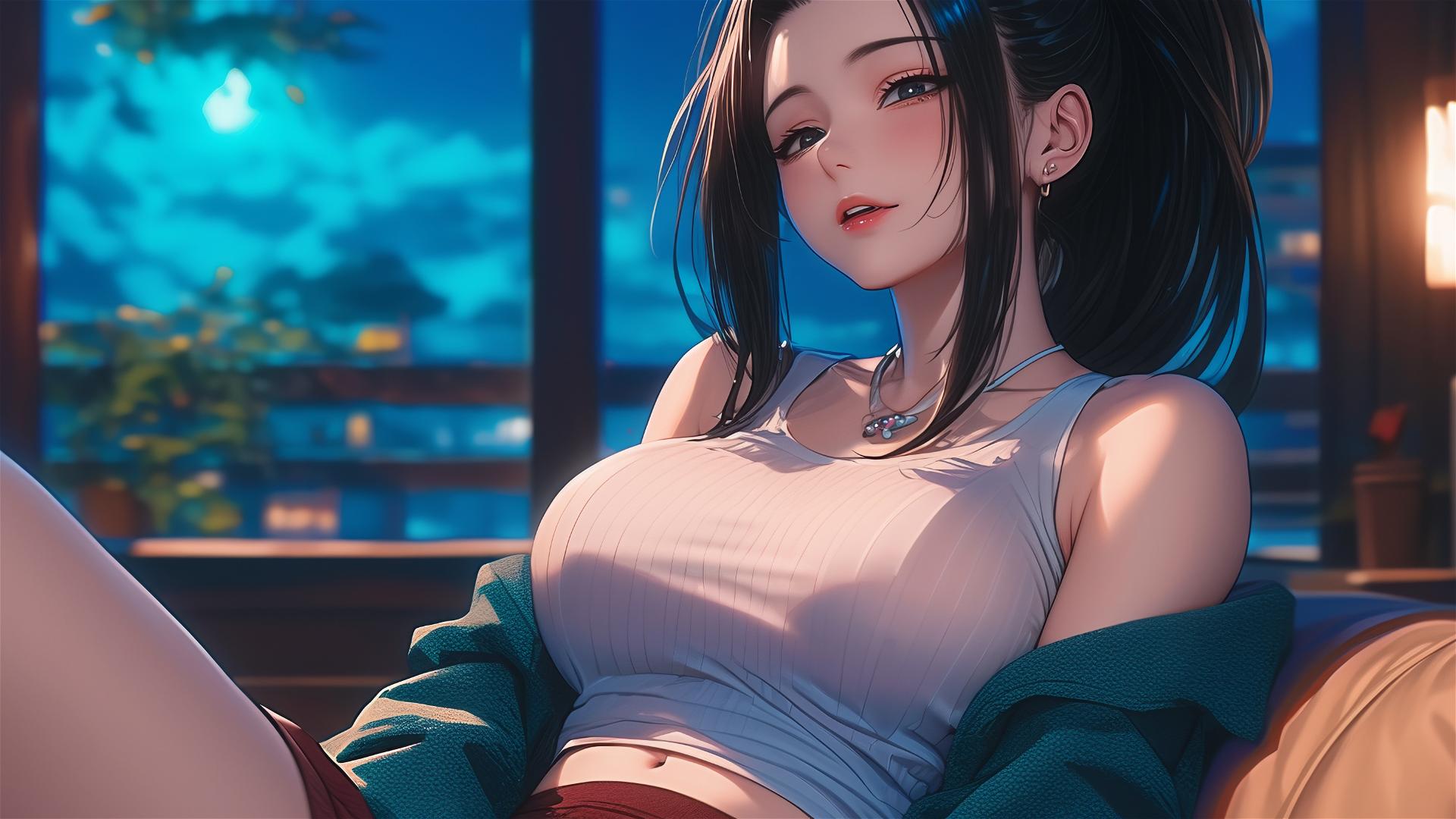 Momo Yaoyorozu from My Hero Academia resting at her apartment under moonlight
