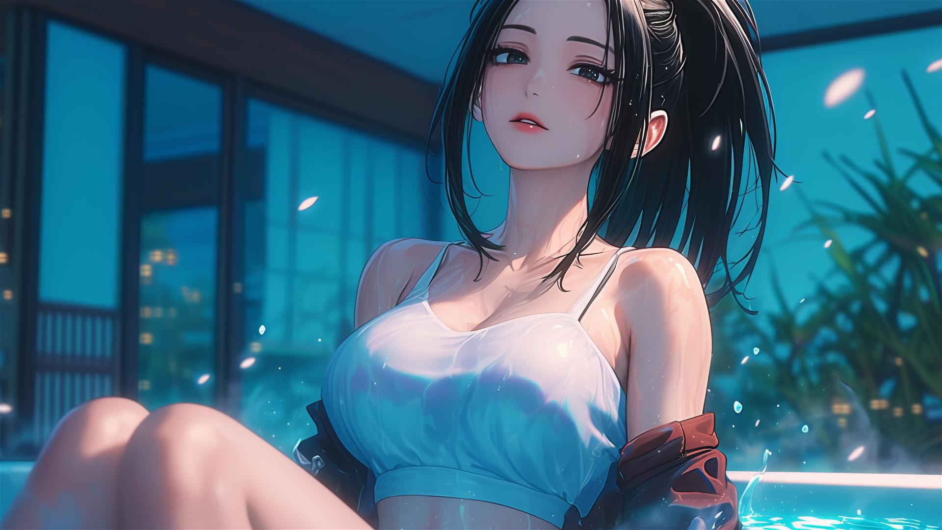 Momo Yaoyorozu from My Hero Academia resting in apartment tub under moonlight