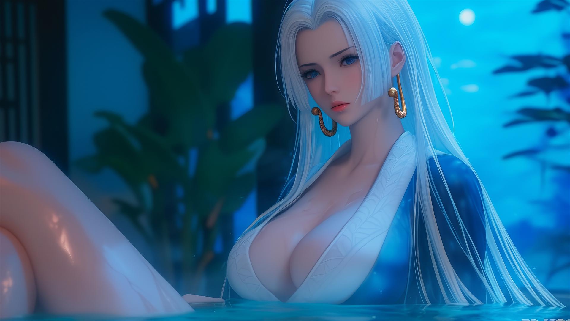 Boa Hancock from One Piece resting in apartment tub under moonlight, with white hair
