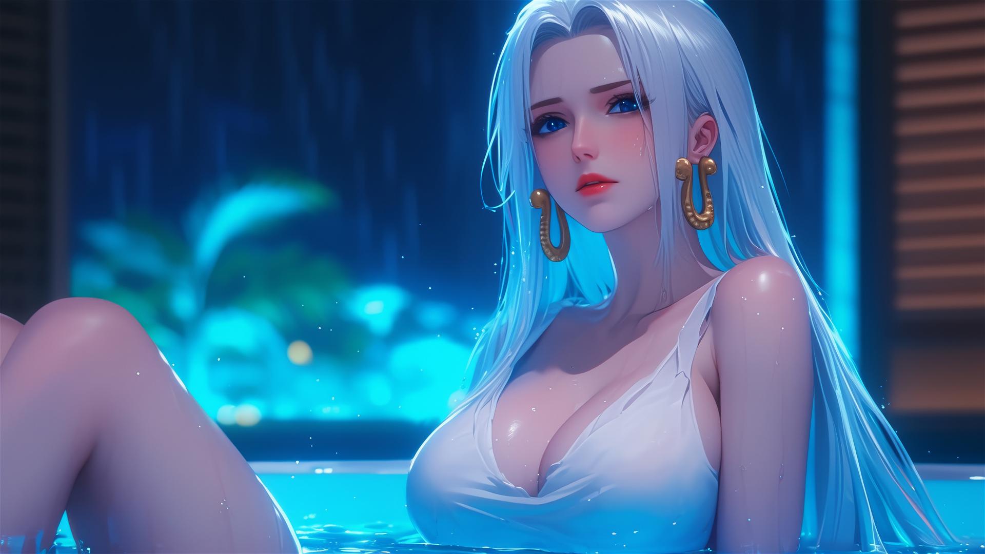 Boa Hancock from One Piece resting in a moonlit tub in her apartment with white hair
