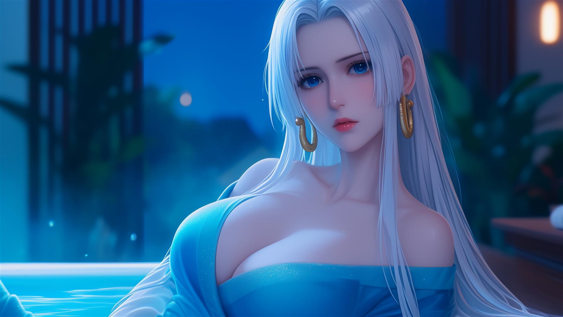 Boa Hancock from One Piece resting in a tub under moonlight with white hair