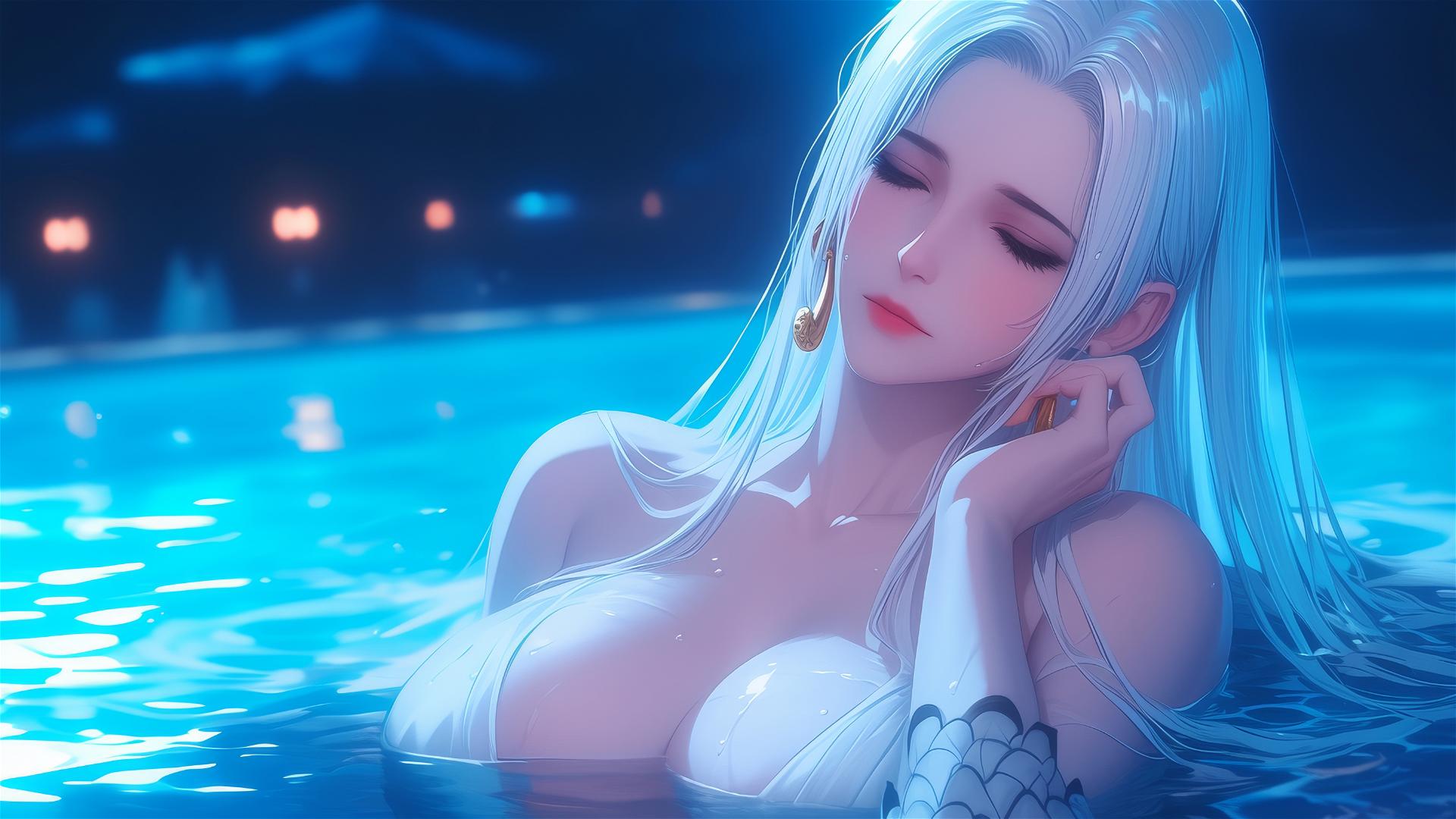 Boa Hancock from One Piece resting in tub under moonlight with white hair